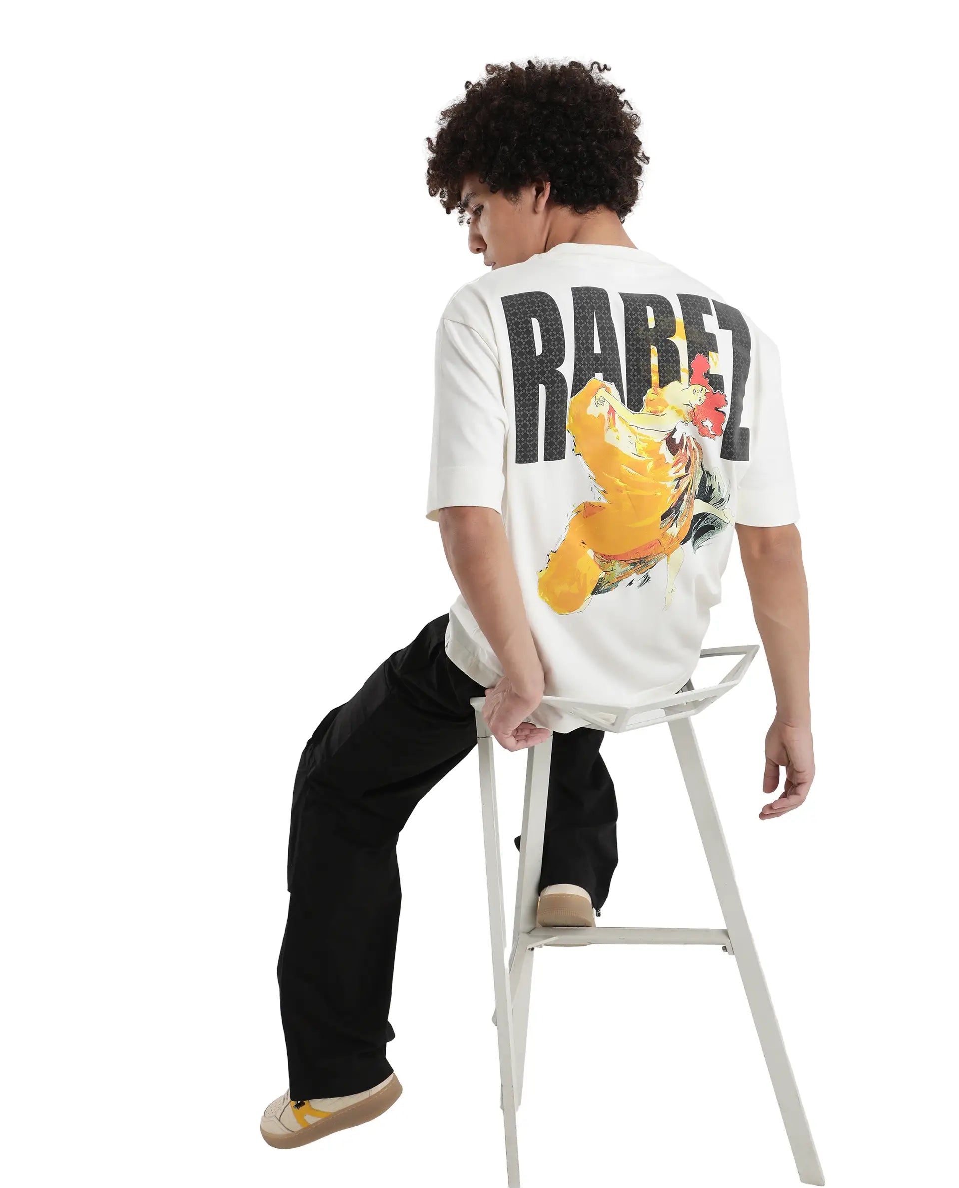 Rare Rabbit Men Danq Off White Cotton Fabric Short Sleeve Crew Neck Oversized Fit Graphic Back Print T-Shirt