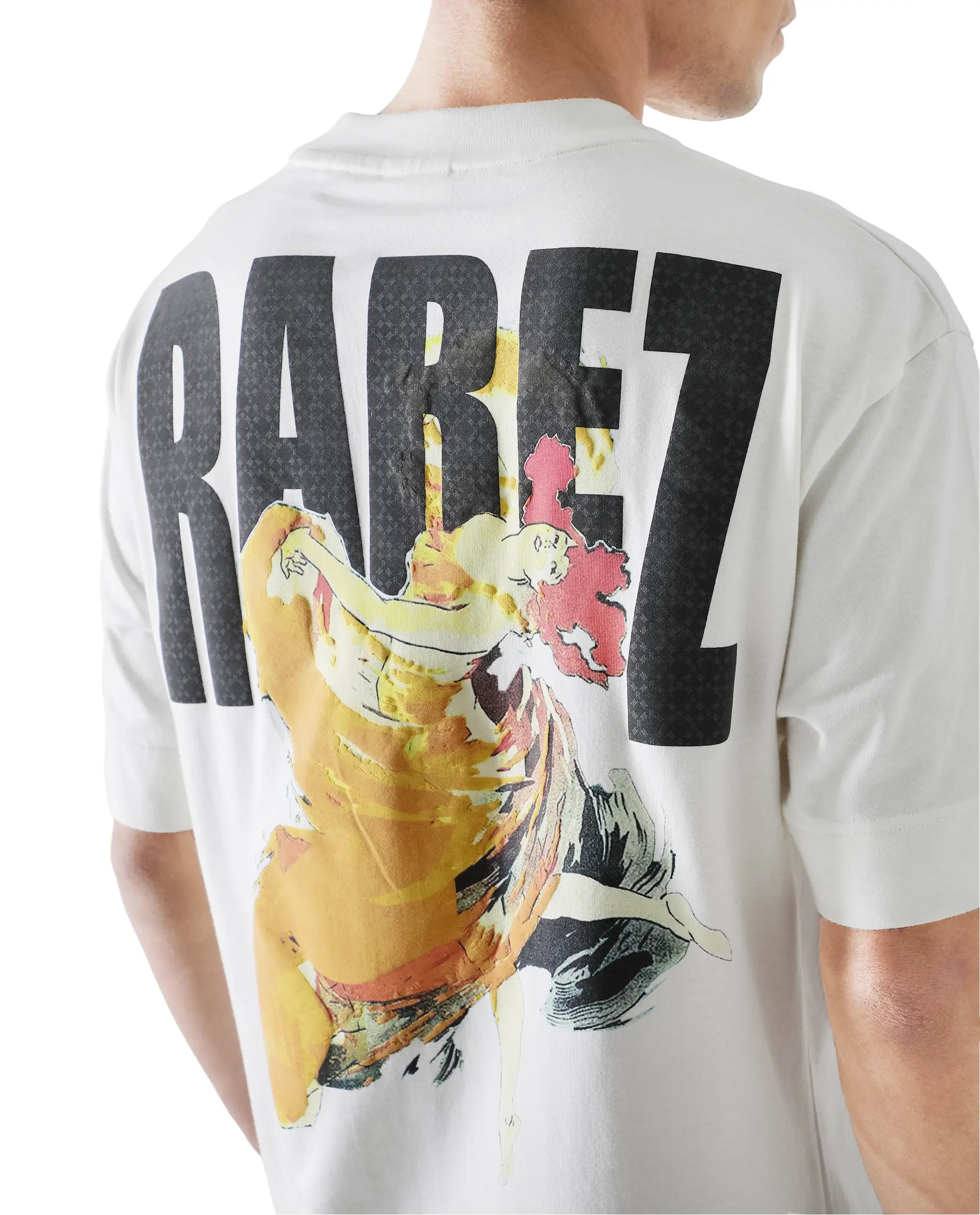 Rare Rabbit Men Danq Off White Cotton Fabric Short Sleeve Crew Neck Oversized Fit Graphic Back Print T-Shirt