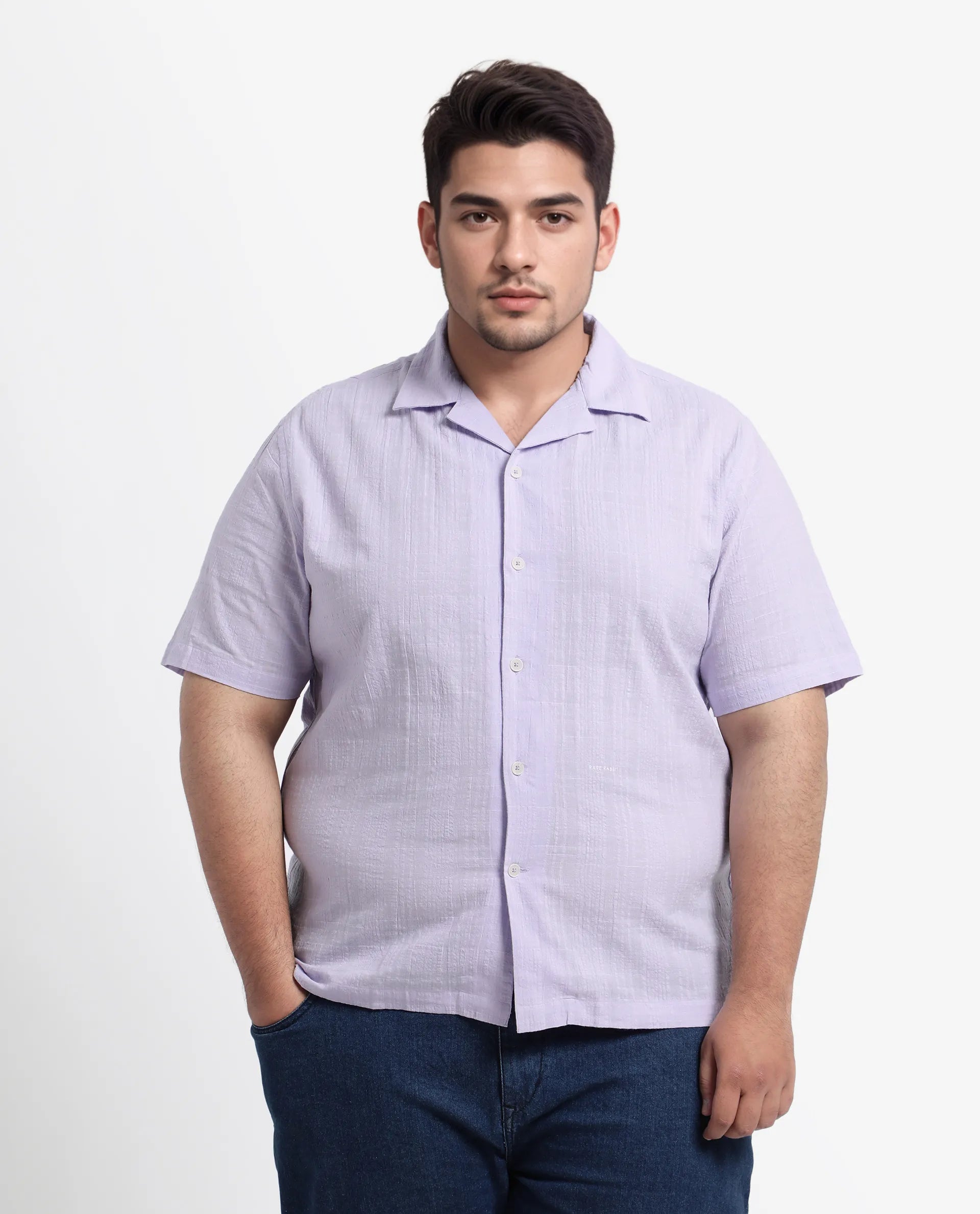 Rare Rabbit Men's Dara-L Pastel Purple Cotton Fabric Half Sleeve Cuban Collar Button Closure Boxy Fit Checked Shirt