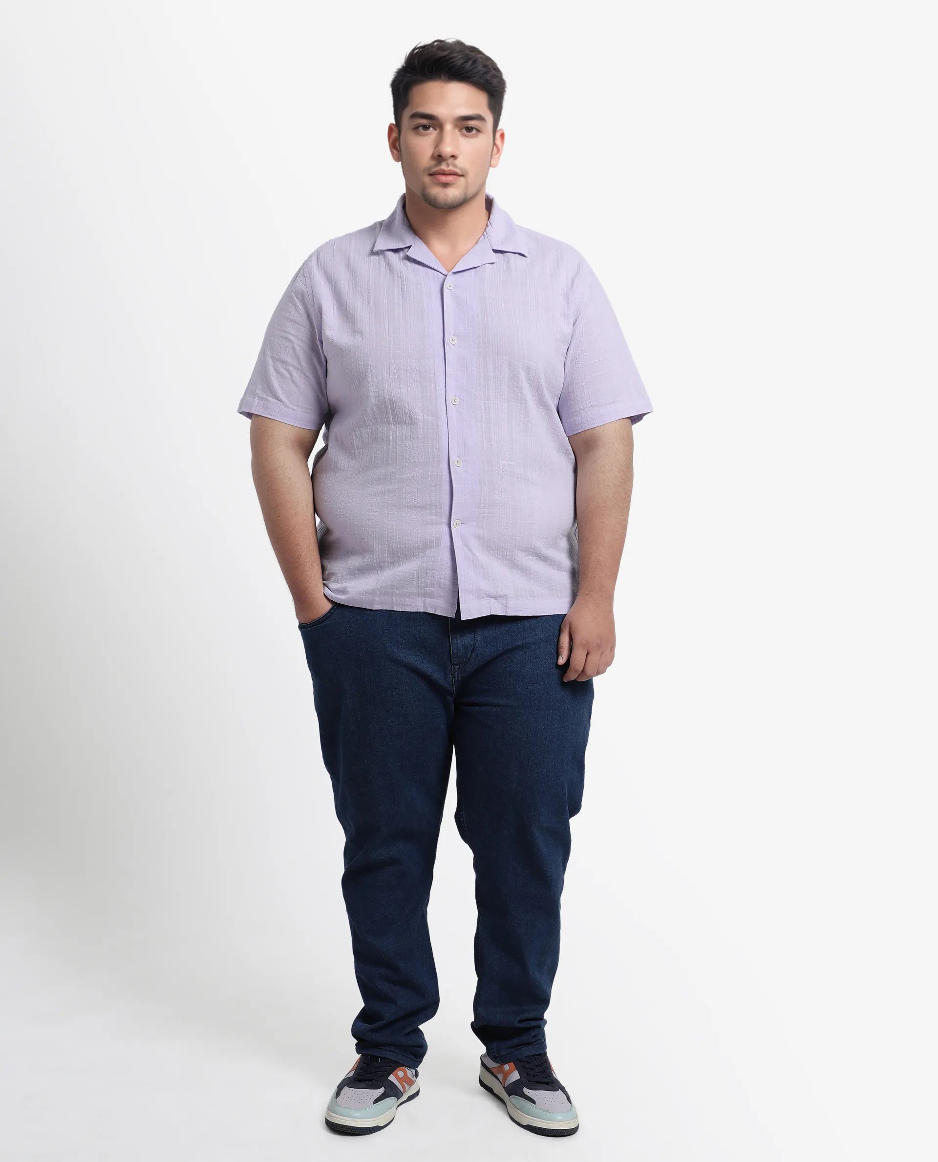 Rare Rabbit Men's Dara-L Pastel Purple Cotton Fabric Half Sleeve Cuban Collar Button Closure Boxy Fit Checked Shirt