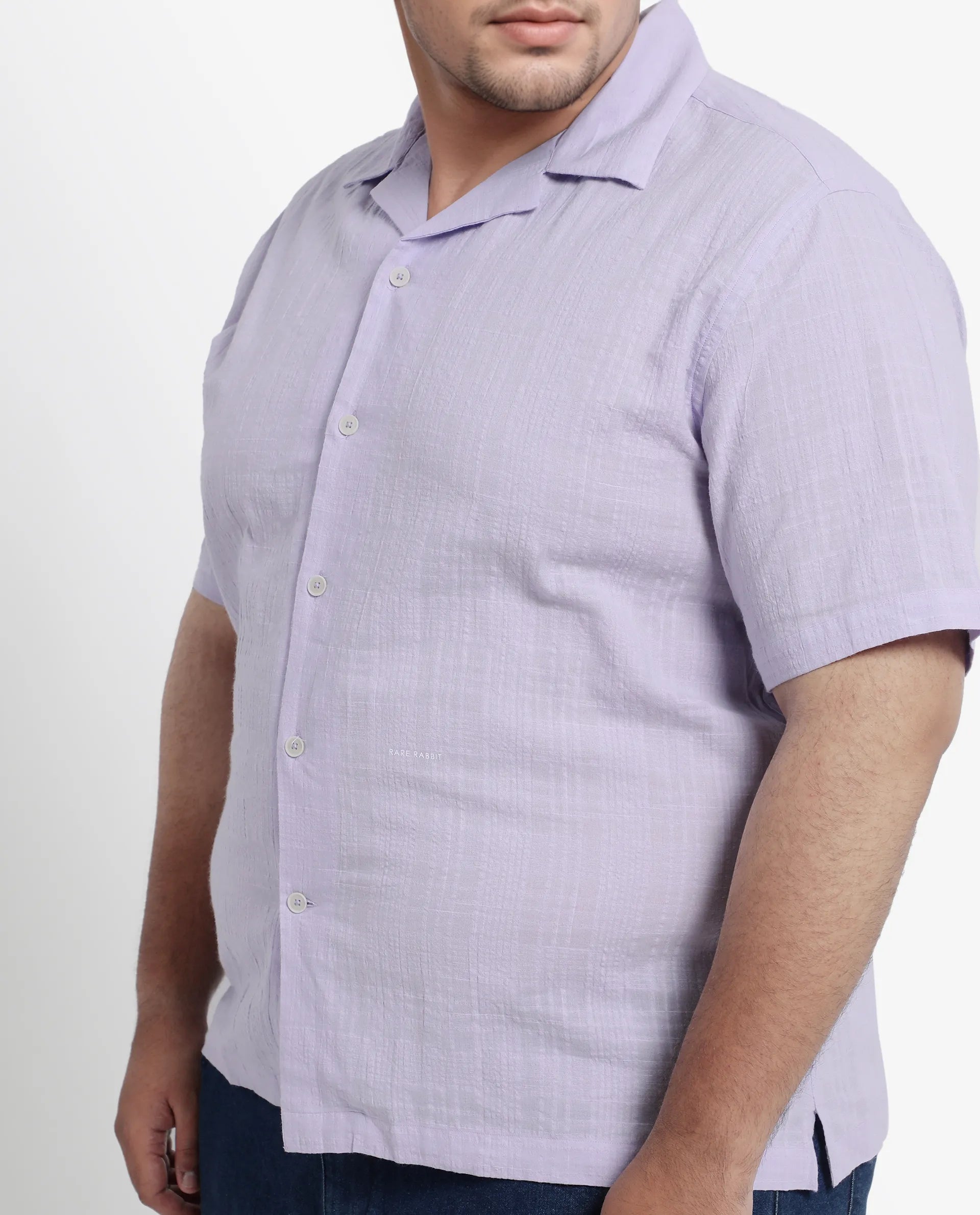 Rare Rabbit Men's Dara-L Pastel Purple Cotton Fabric Half Sleeve Cuban Collar Button Closure Boxy Fit Checked Shirt