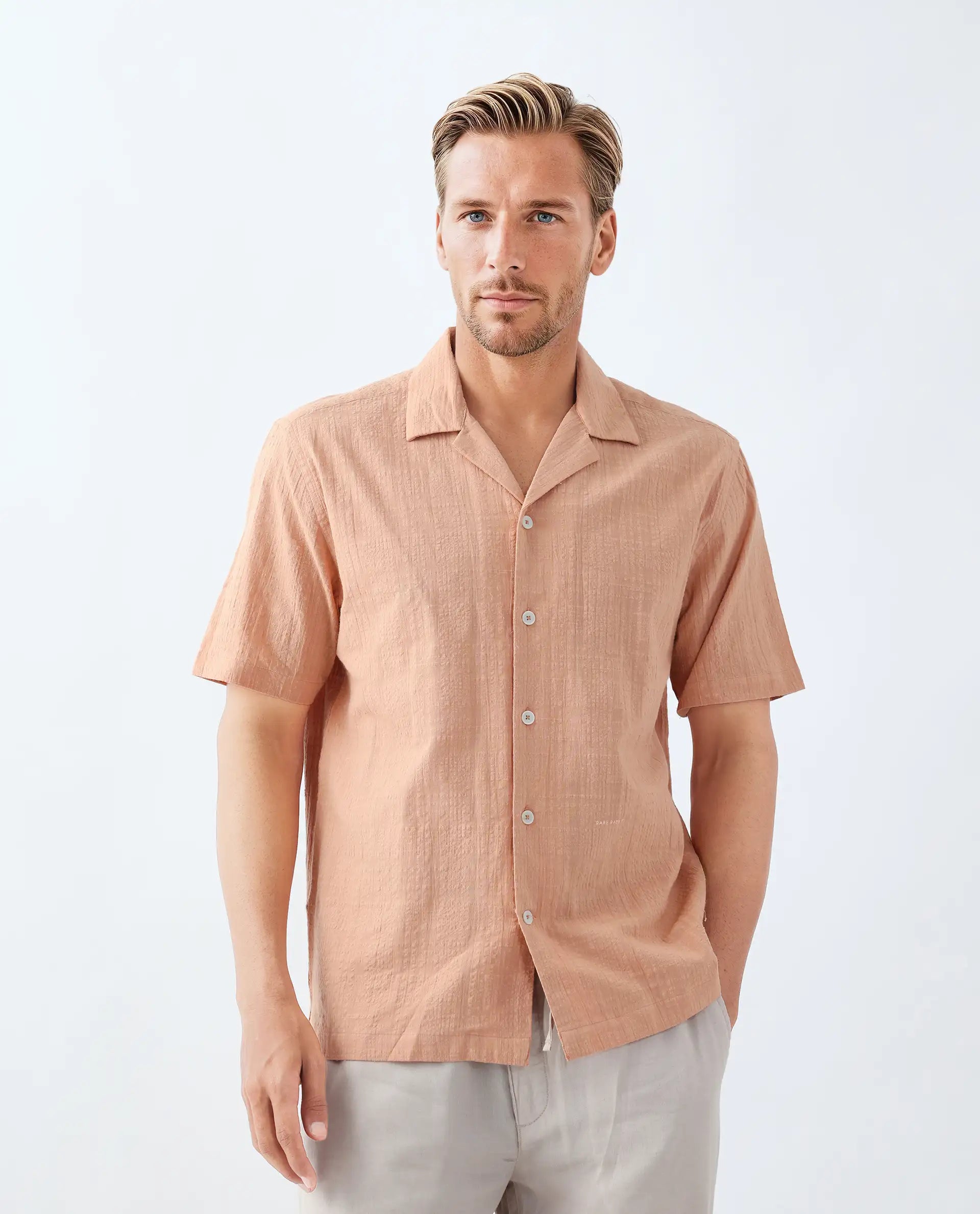 Rare Rabbit Men's Dara Dusky Peach Cotton Checked Print Boxy Fit Half Sleeve Cuban Collar Shirt