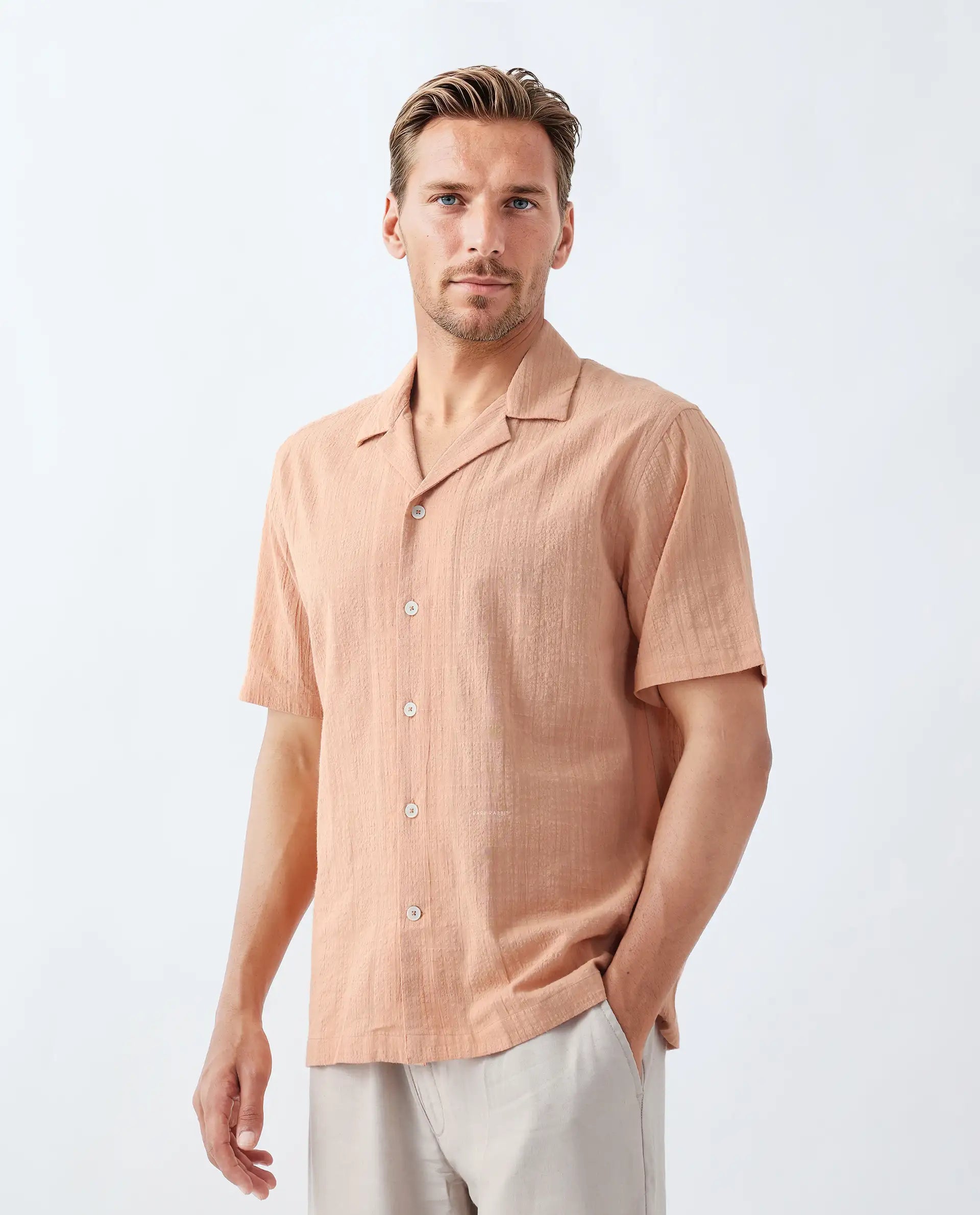 Rare Rabbit Men's Dara Dusky Peach Cotton Checked Print Boxy Fit Half Sleeve Cuban Collar Shirt