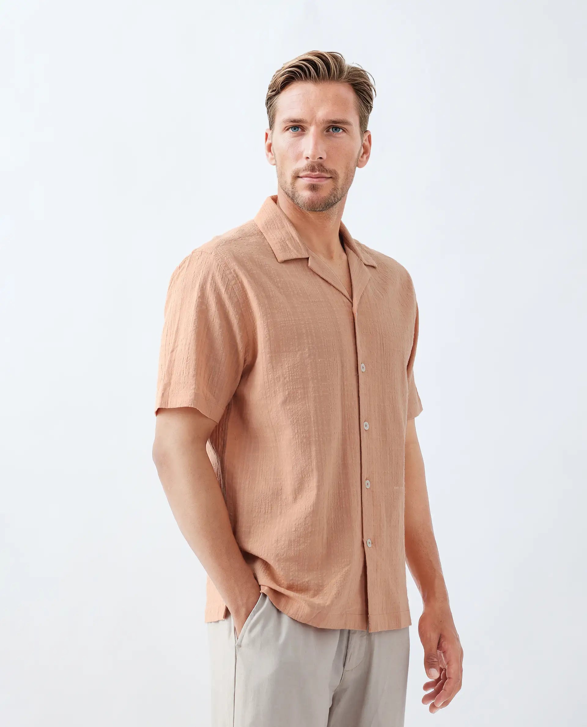 Rare Rabbit Men's Dara Dusky Peach Cotton Checked Print Boxy Fit Half Sleeve Cuban Collar Shirt