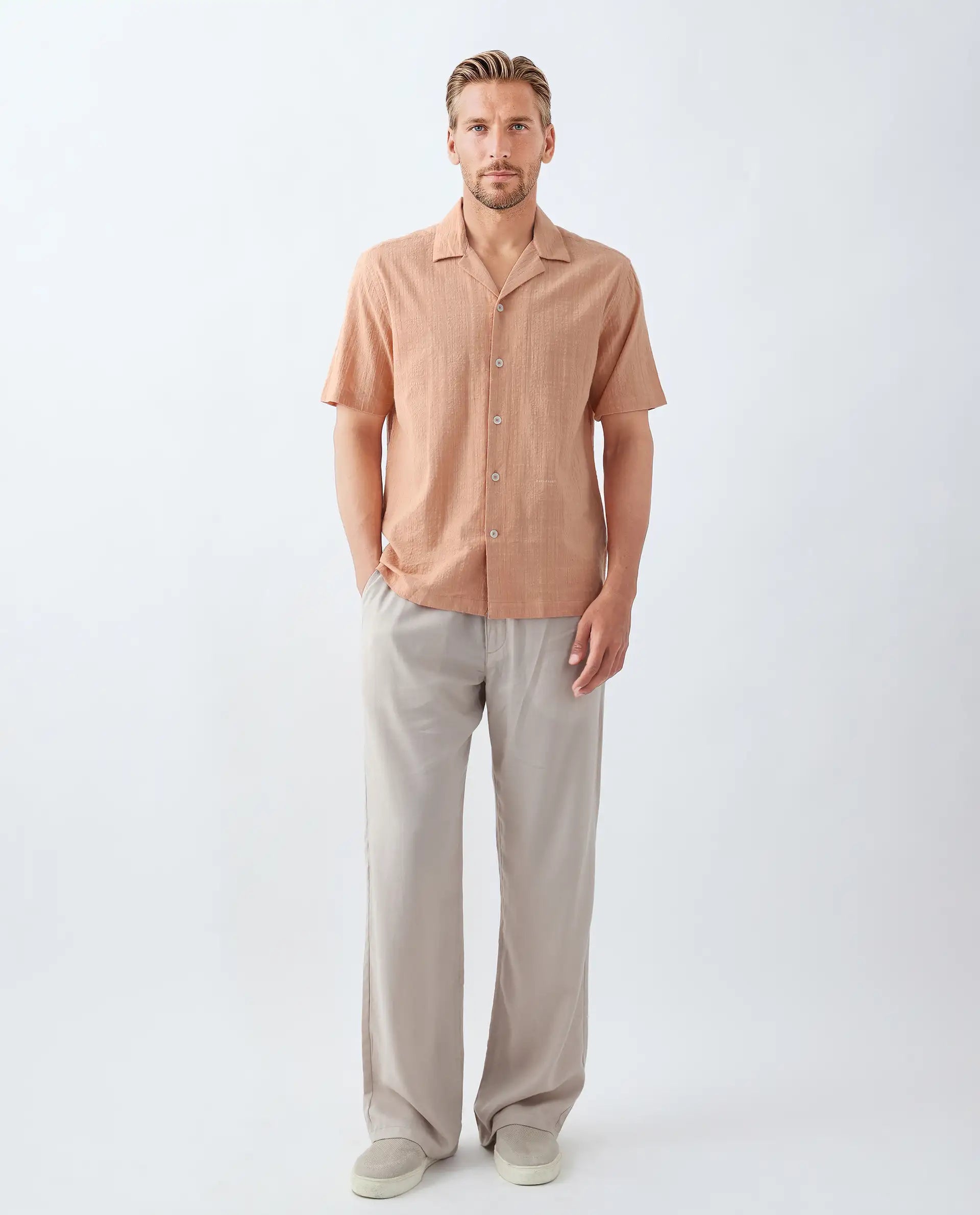 Rare Rabbit Men's Dara Dusky Peach Cotton Checked Print Boxy Fit Half Sleeve Cuban Collar Shirt