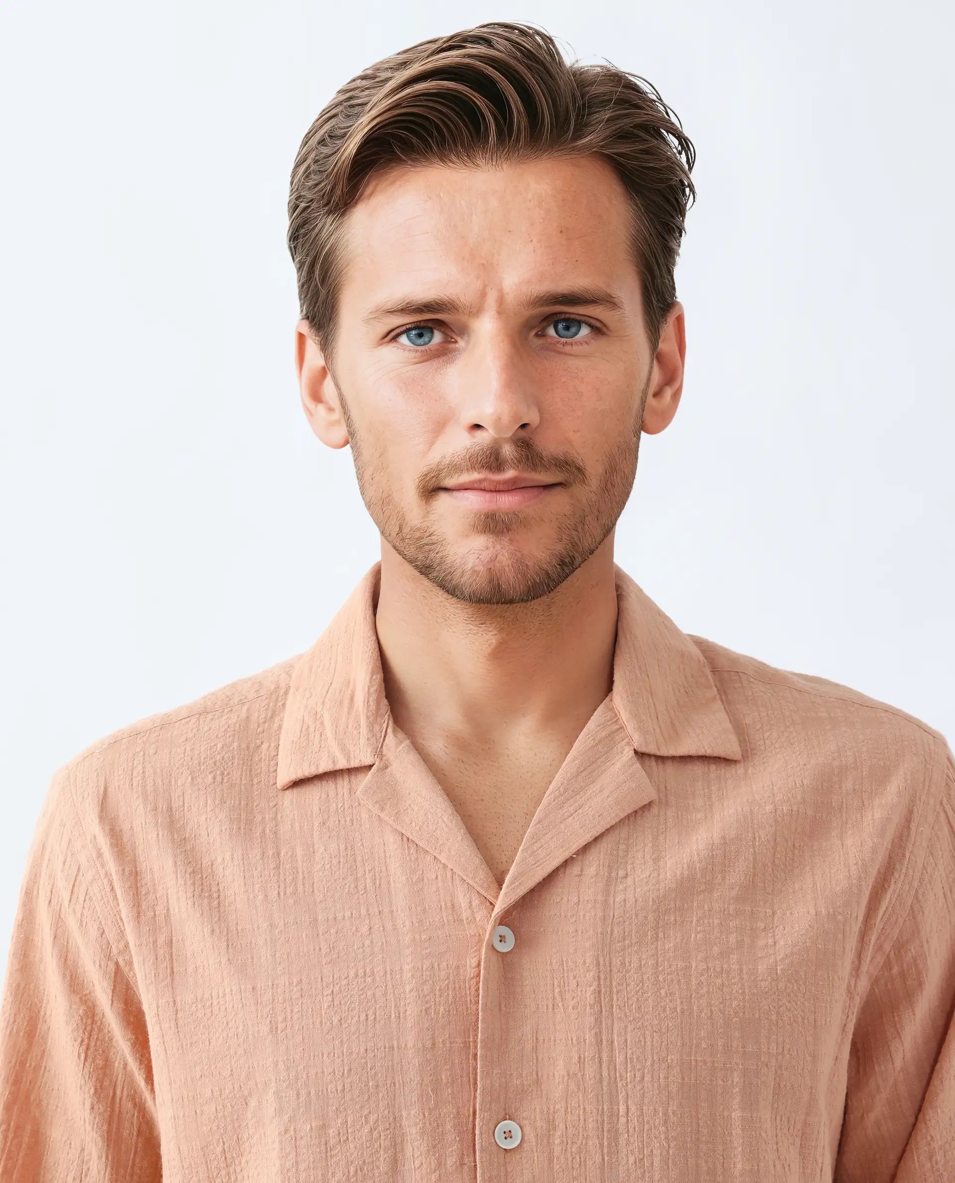 Rare Rabbit Men's Dara Dusky Peach Cotton Checked Print Boxy Fit Half Sleeve Cuban Collar Shirt