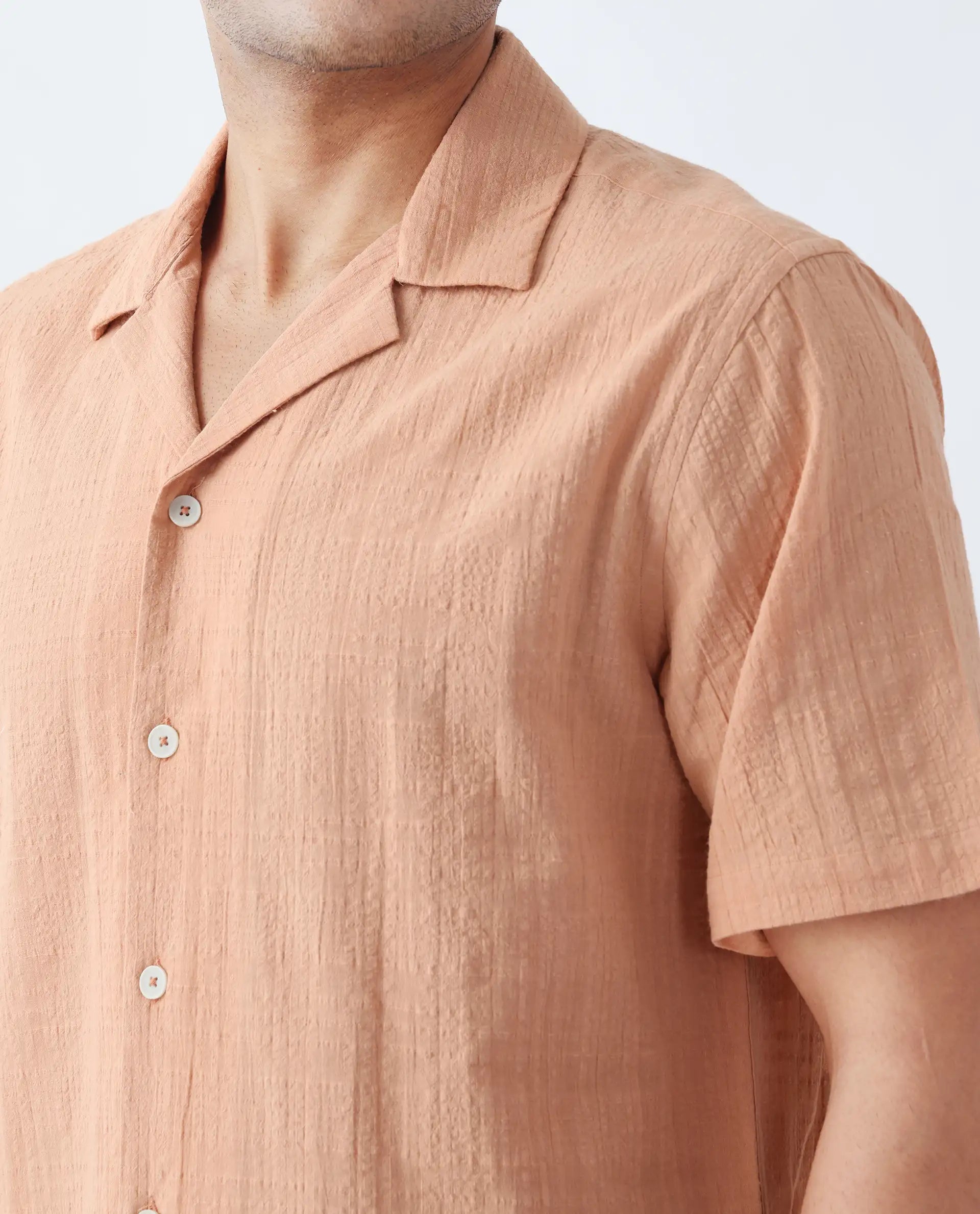 Rare Rabbit Men's Dara Dusky Peach Cotton Checked Print Boxy Fit Half Sleeve Cuban Collar Shirt