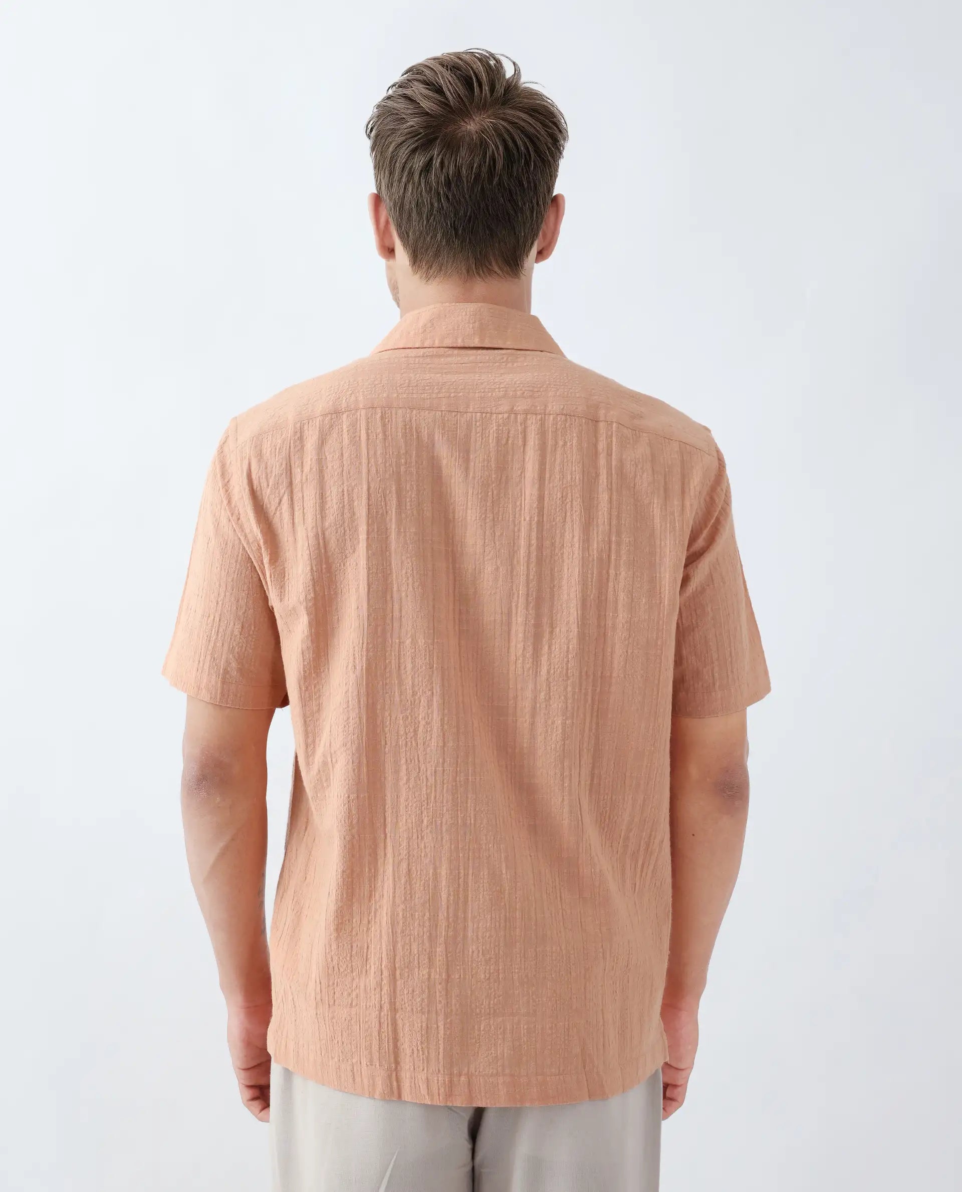 Rare Rabbit Men's Dara Dusky Peach Cotton Checked Print Boxy Fit Half Sleeve Cuban Collar Shirt