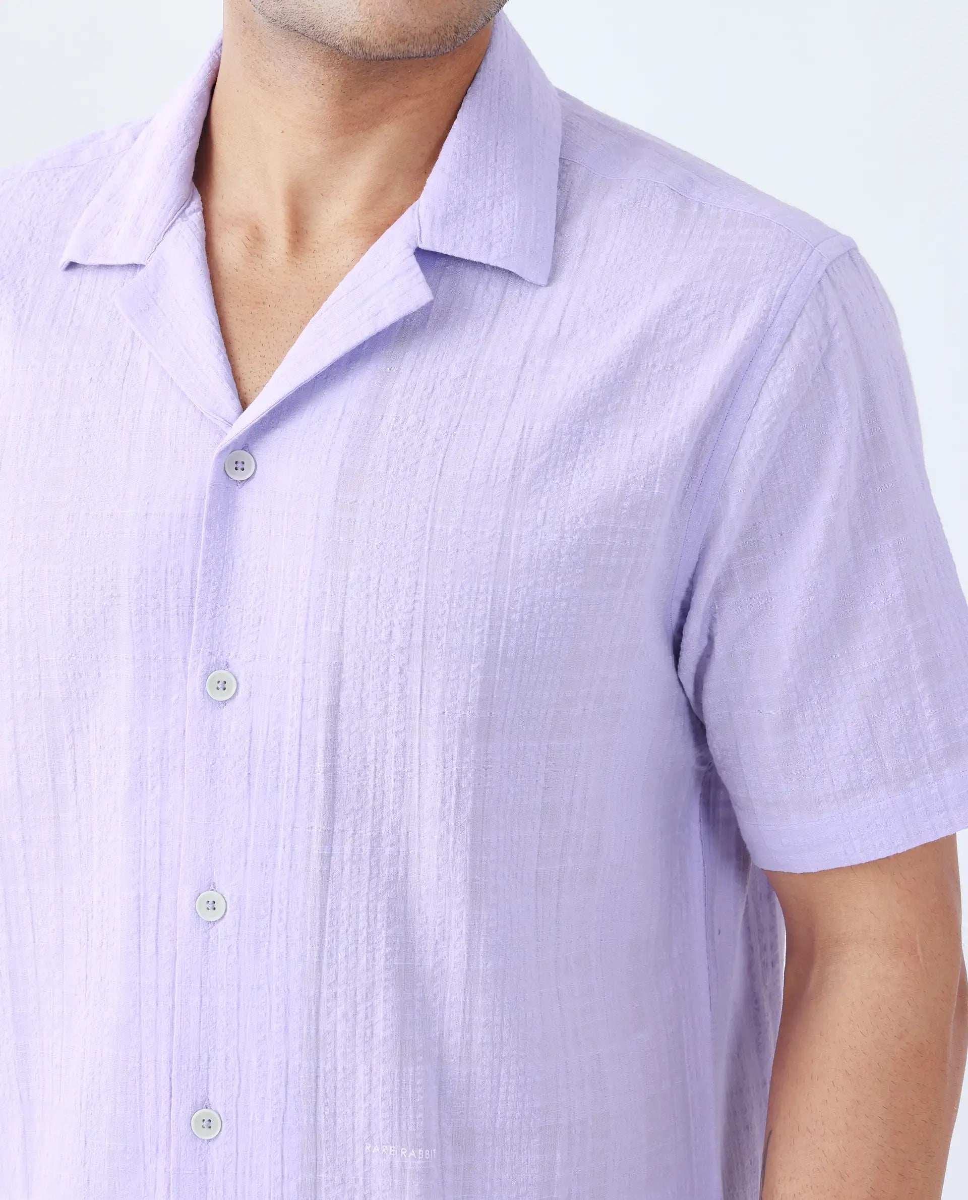 Rare Rabbit Men's Dara Pastel Purple Cotton Checked Print Boxy Fit Half Sleeve Cuban Collar Shirt