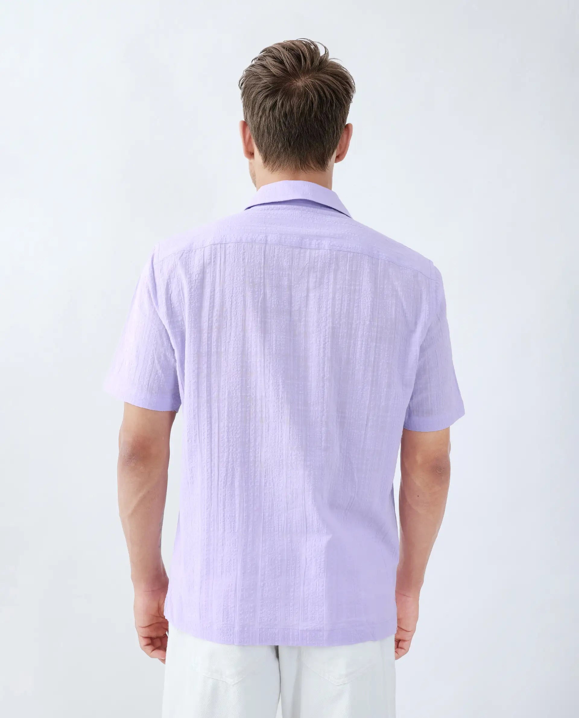 Rare Rabbit Men's Dara Pastel Purple Cotton Checked Print Boxy Fit Half Sleeve Cuban Collar Shirt