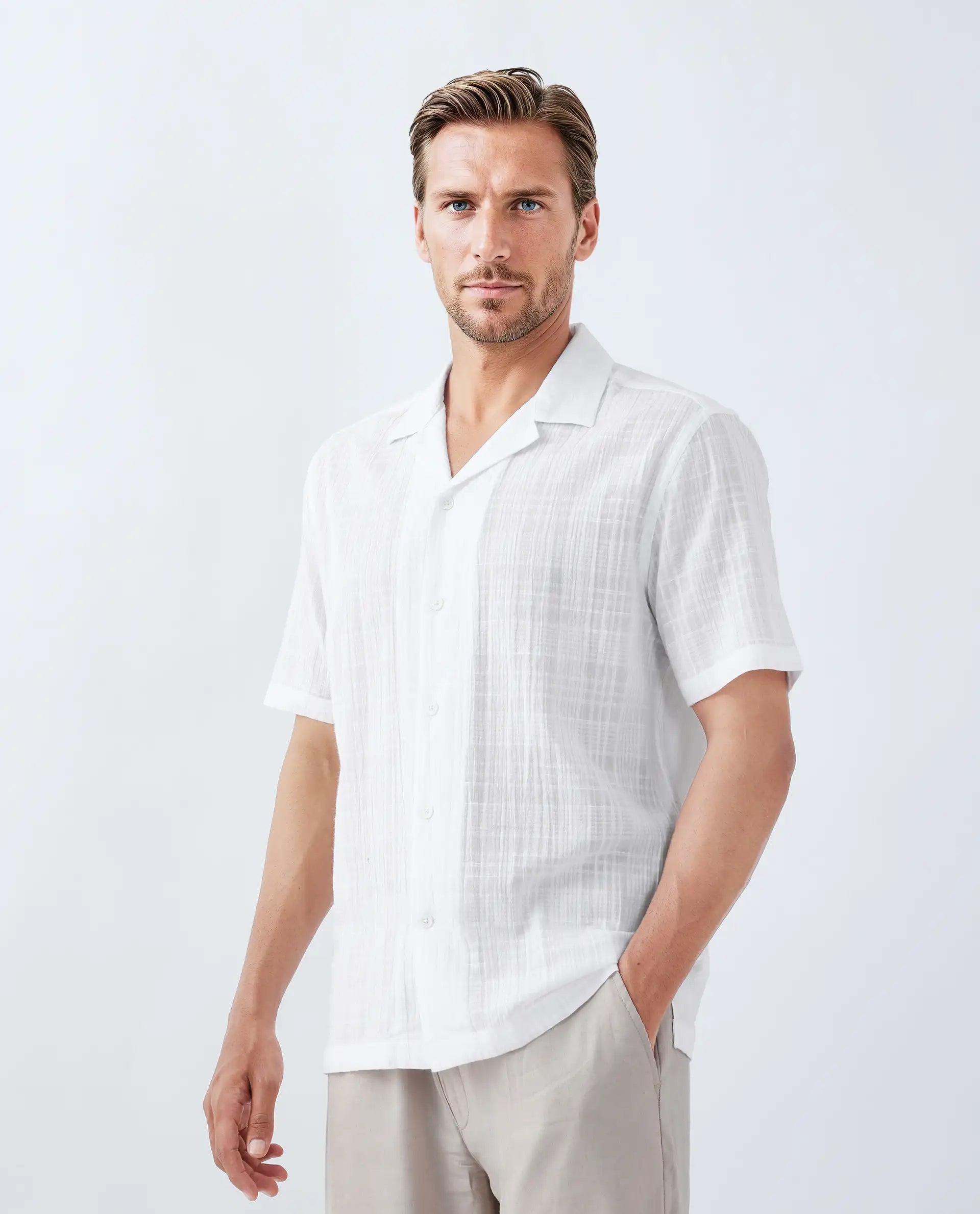 Rare Rabbit Men's Dara White Cotton Checked Print Boxy Fit Half Sleeve Cuban Collar Shirt