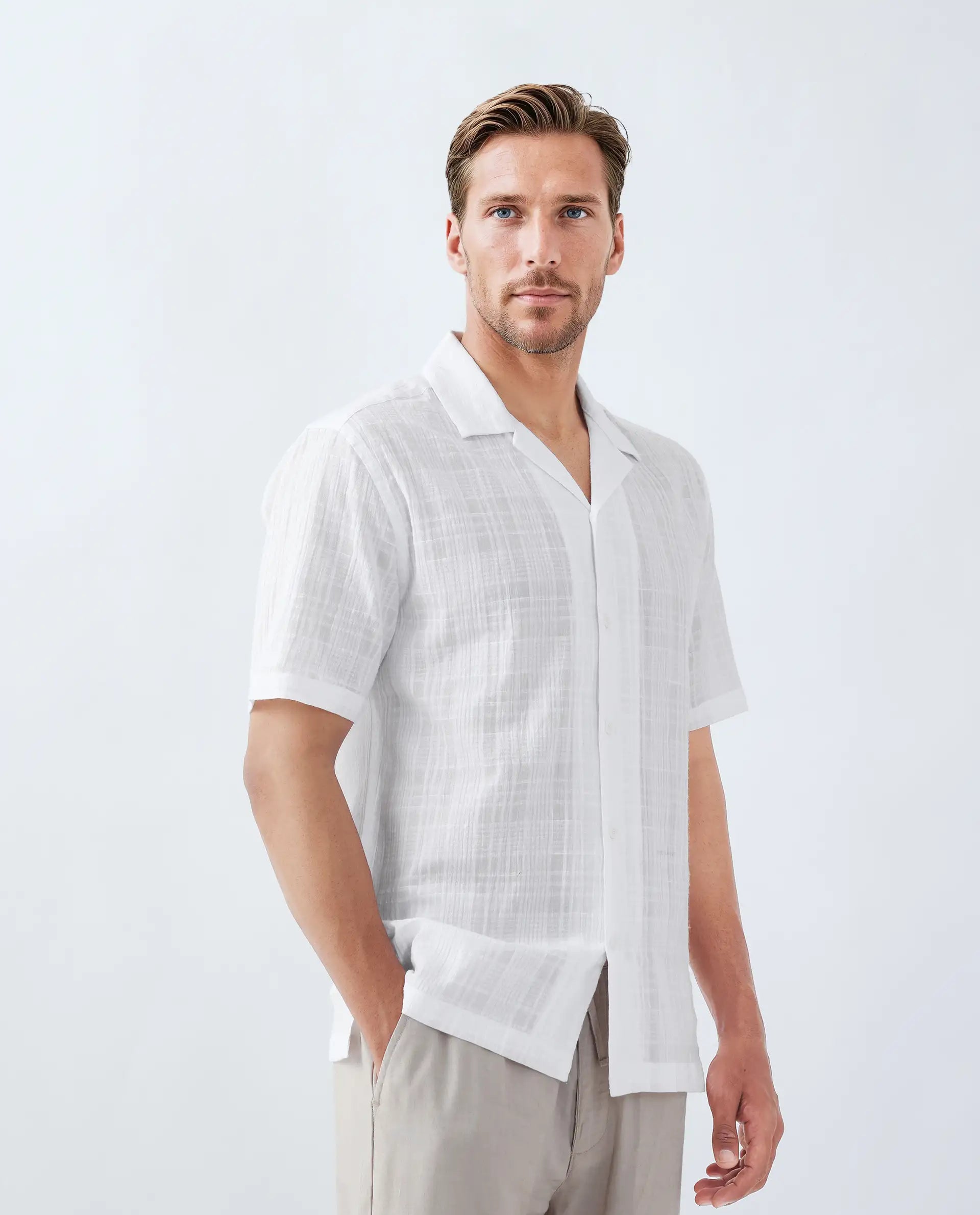 Rare Rabbit Men's Dara White Cotton Checked Print Boxy Fit Half Sleeve Cuban Collar Shirt