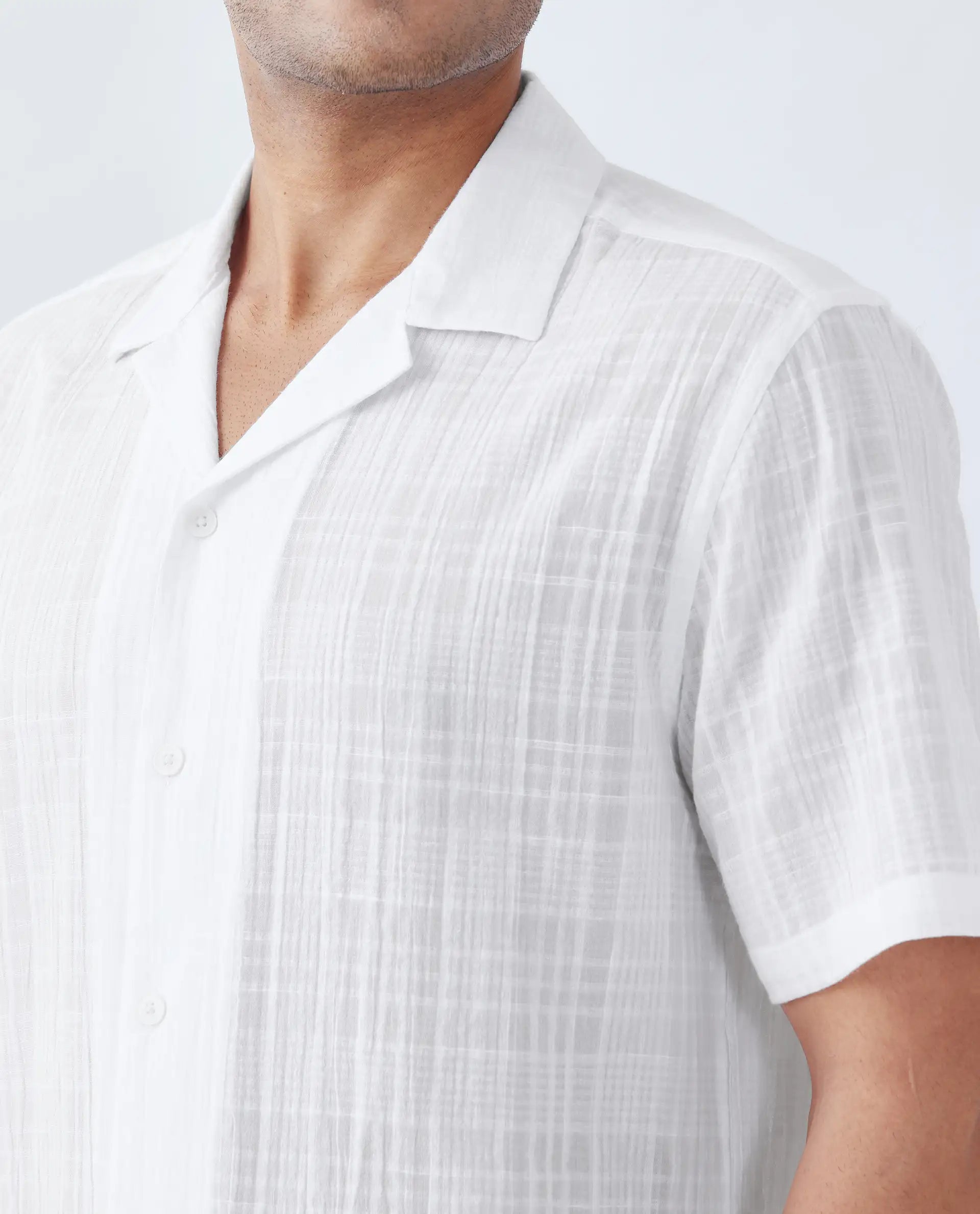 Rare Rabbit Men's Dara White Cotton Checked Print Boxy Fit Half Sleeve Cuban Collar Shirt