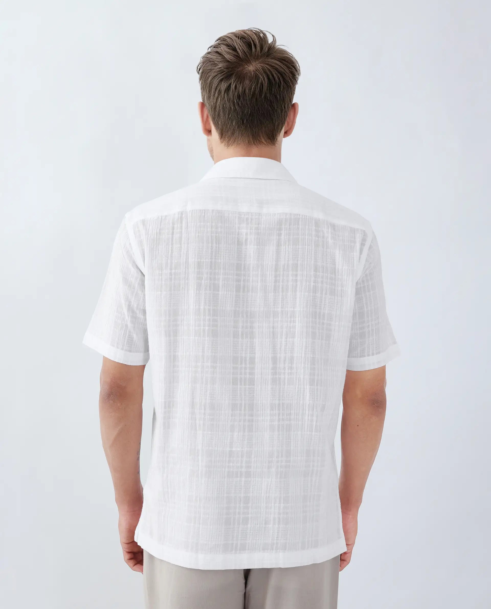 Rare Rabbit Men's Dara White Cotton Checked Print Boxy Fit Half Sleeve Cuban Collar Shirt