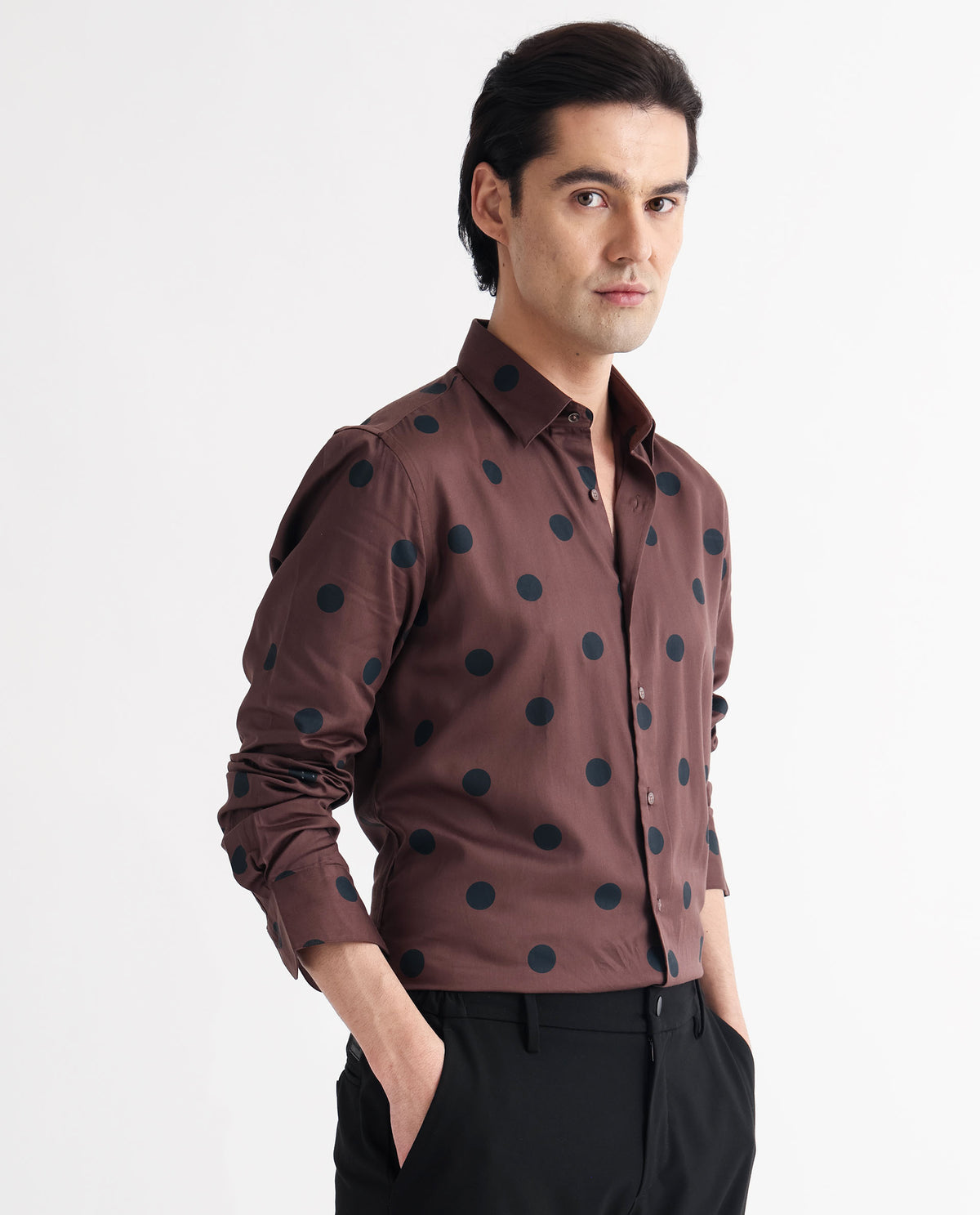Rare Rabbit Men's Dare Brown Cotton Modal Fabric Polka Print Full Sleeves Shirt