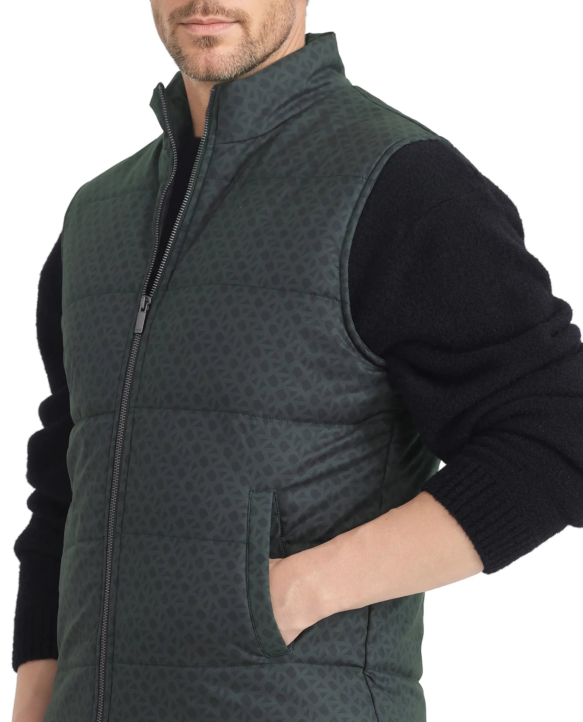 Rare Rabbit Men Darif Petrol Polyester Fabric Sleeveless High Neck Collar Allover Monogram Gilet Jacket
