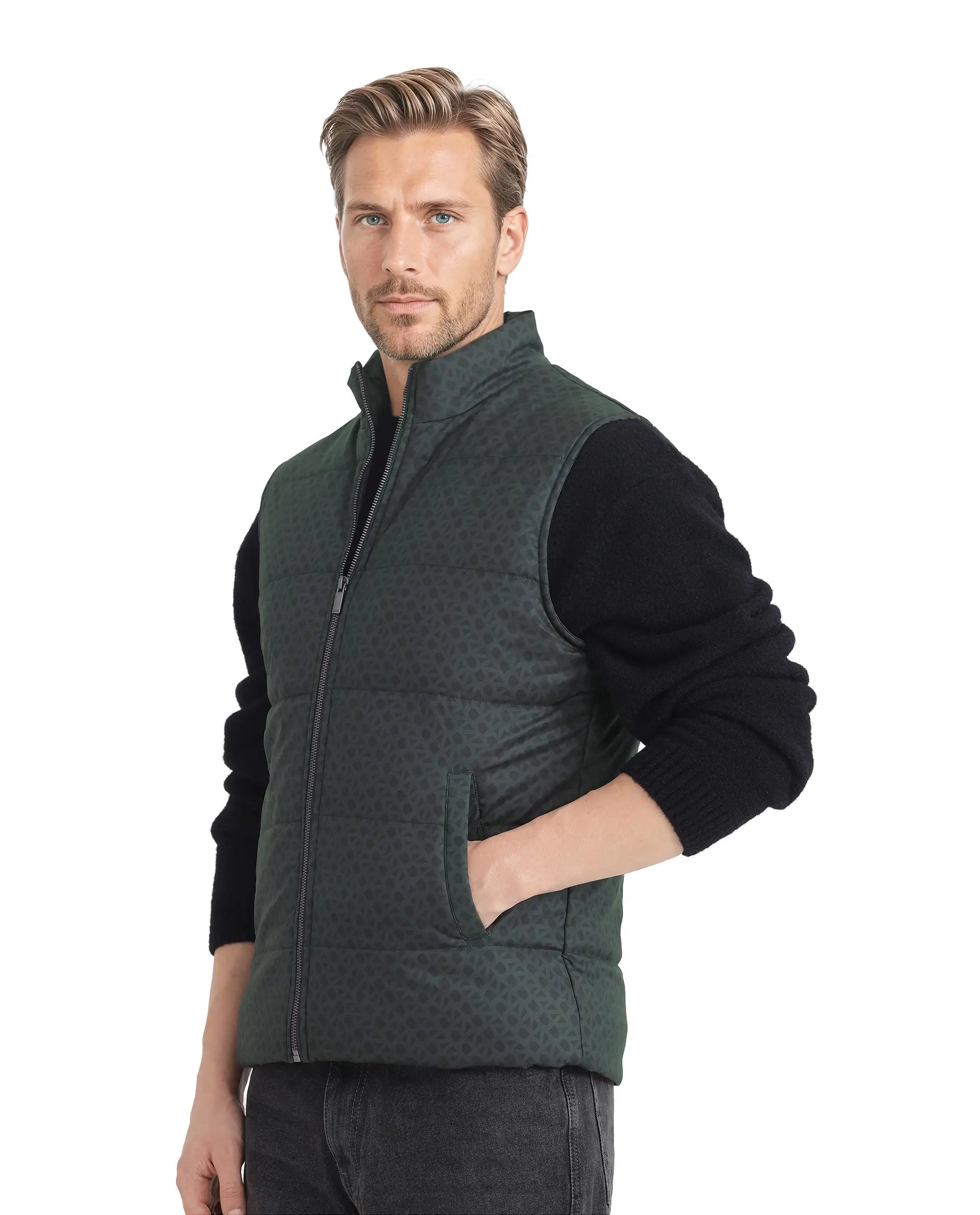 Rare Rabbit Men Darif Petrol Polyester Fabric Sleeveless High Neck Collar Allover Monogram Gilet Jacket