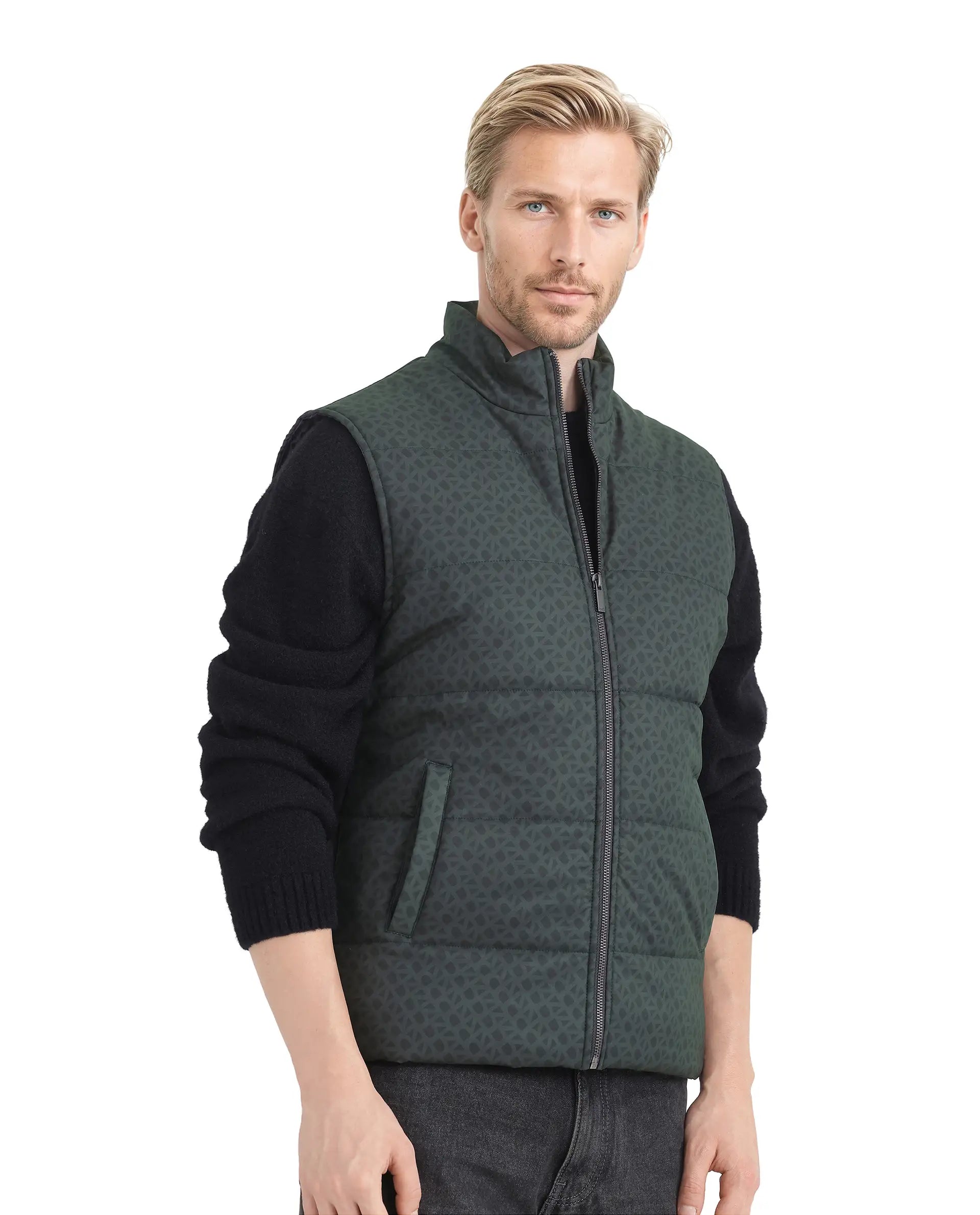Rare Rabbit Men Darif Petrol Polyester Fabric Sleeveless High Neck Collar Allover Monogram Gilet Jacket