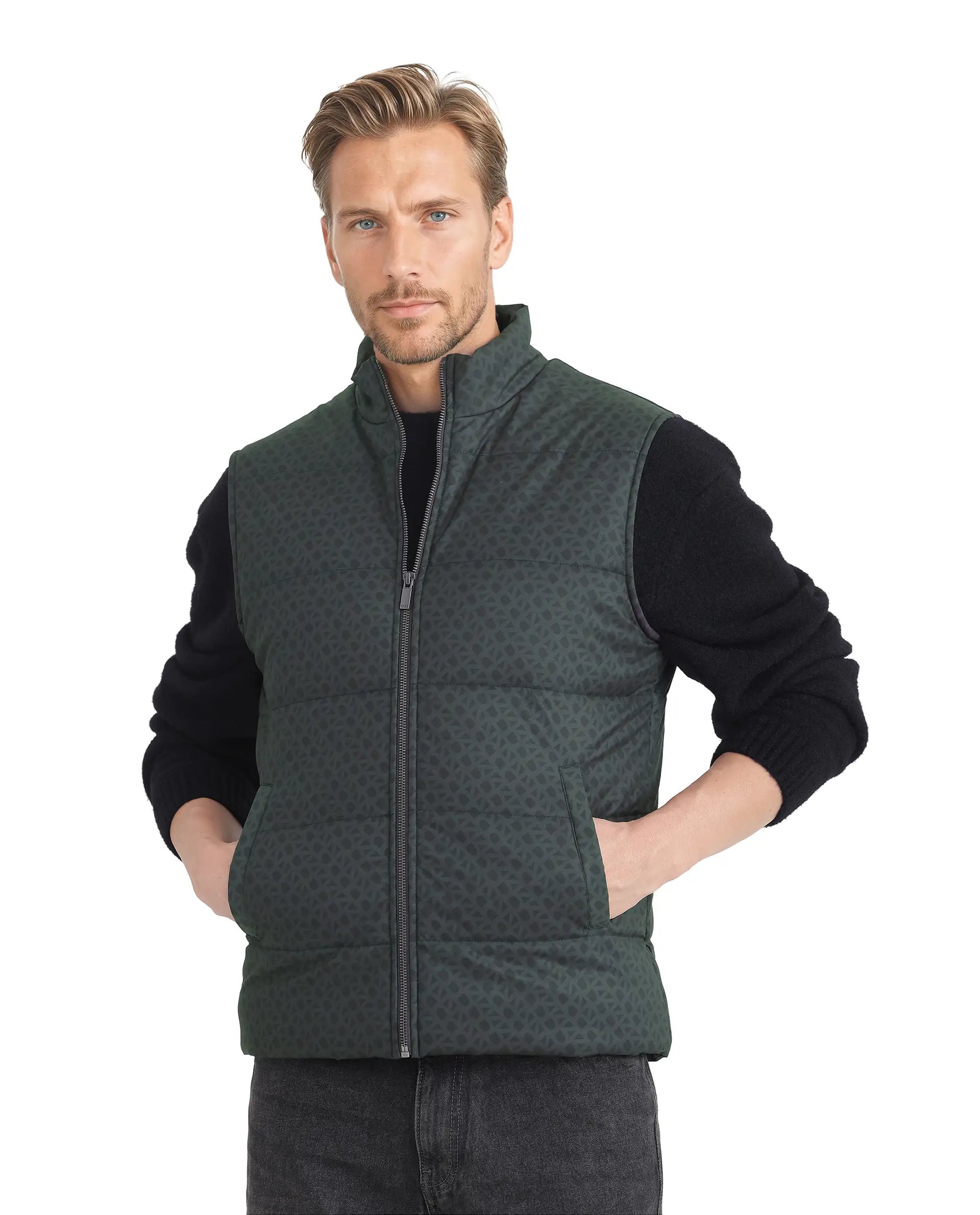 Rare Rabbit Men Darif Petrol Polyester Fabric Sleeveless High Neck Collar Allover Monogram Gilet Jacket