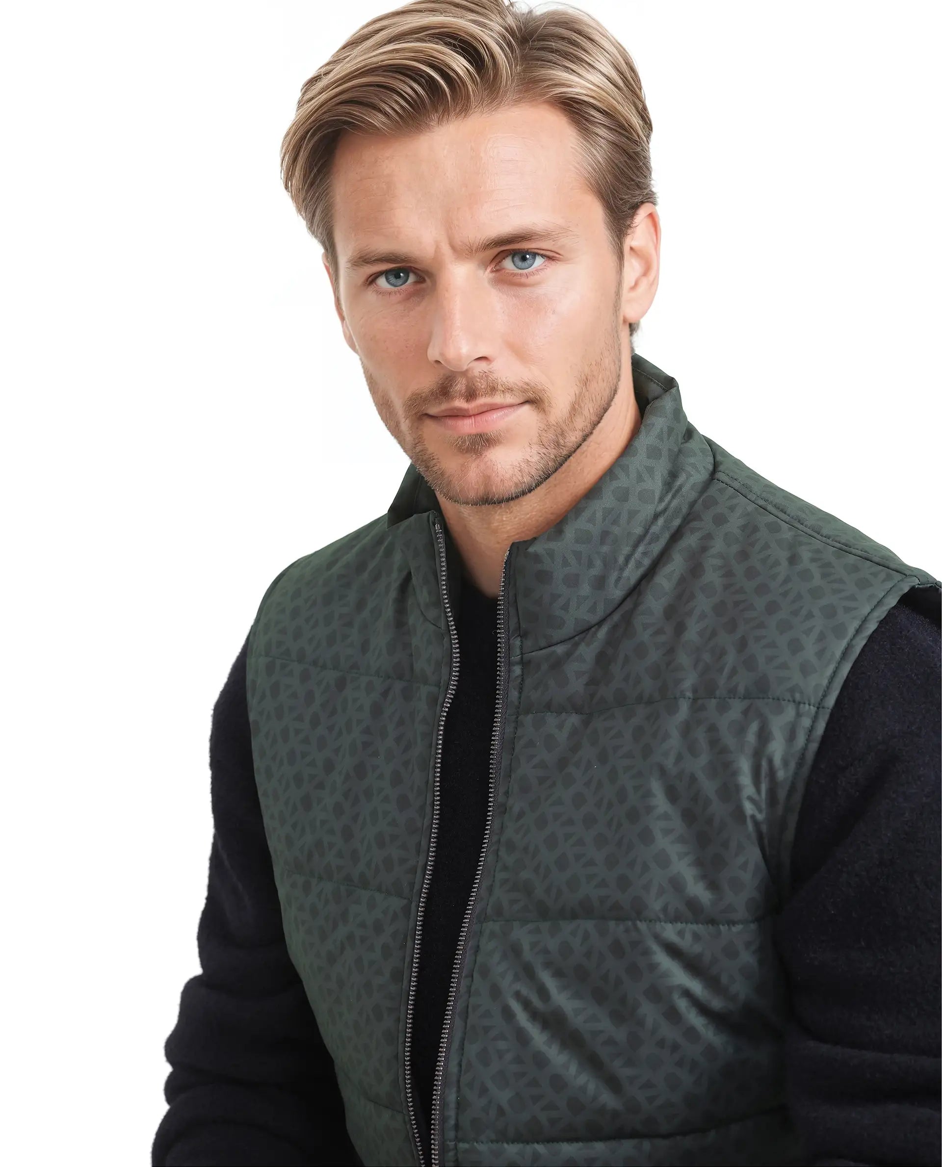 Rare Rabbit Men Darif Petrol Polyester Fabric Sleeveless High Neck Collar Allover Monogram Gilet Jacket