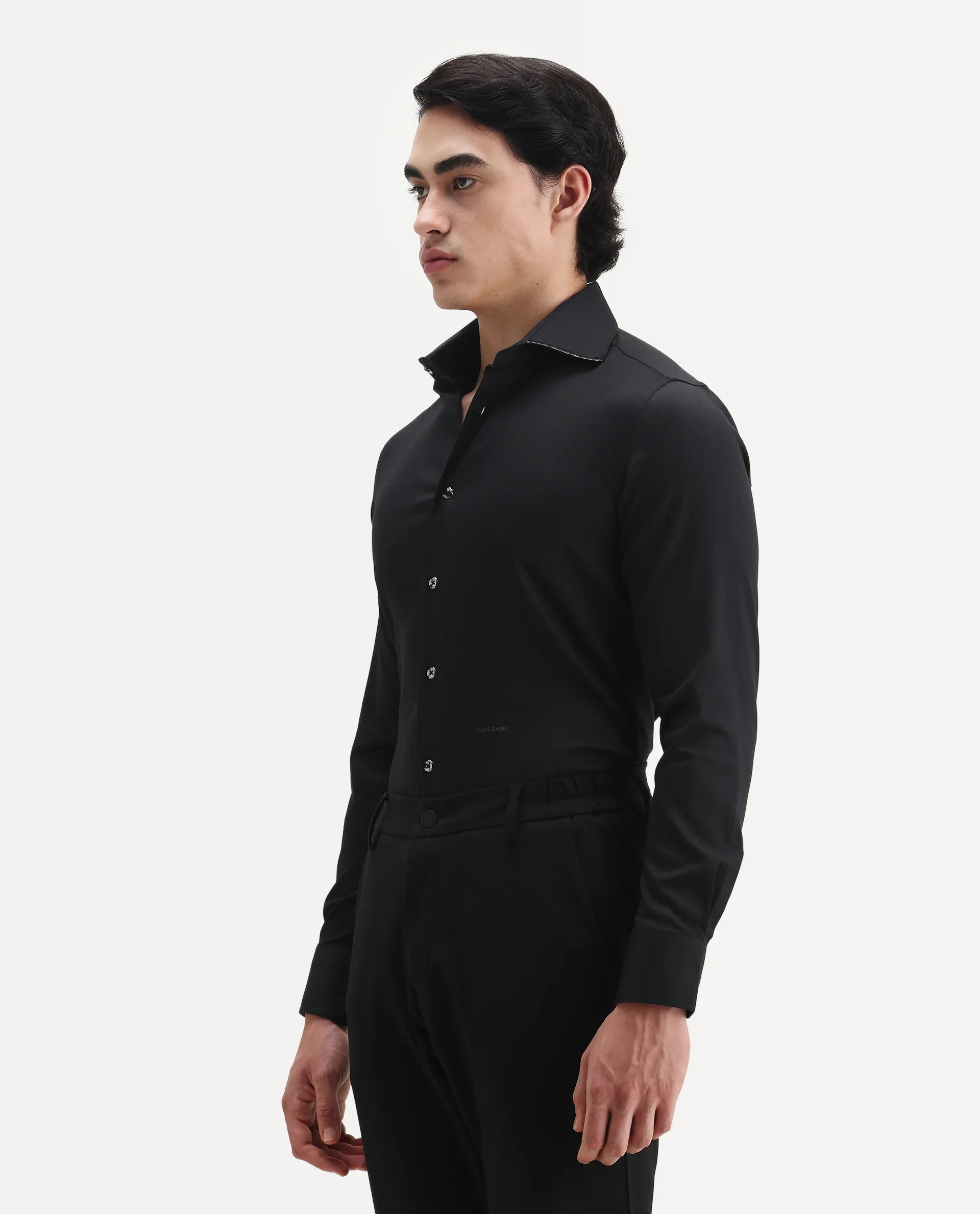 Rare Rabbit Men's Dario Black Cotton Plain Regular Fit Full Sleeve Collared Shirt