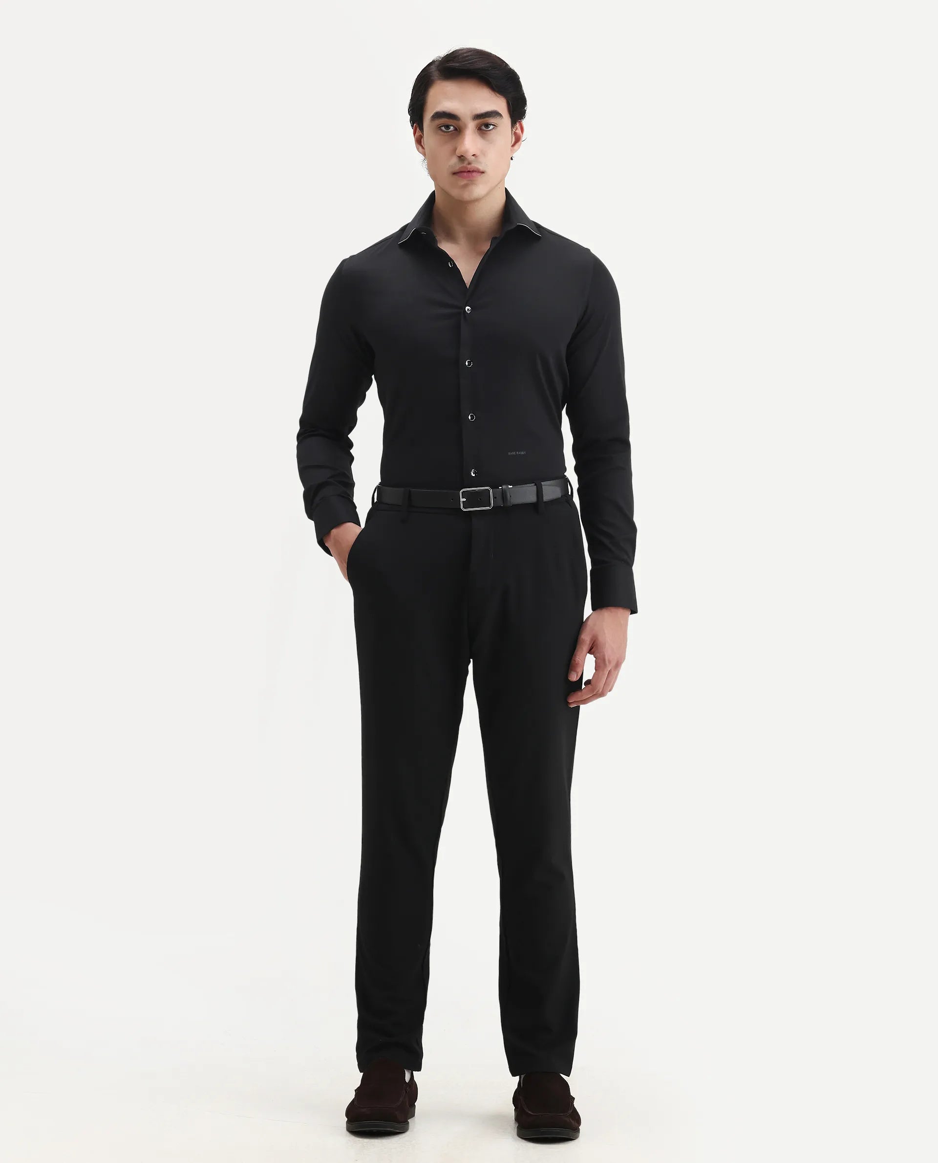 Rare Rabbit Men's Dario Black Cotton Plain Regular Fit Full Sleeve Collared Shirt