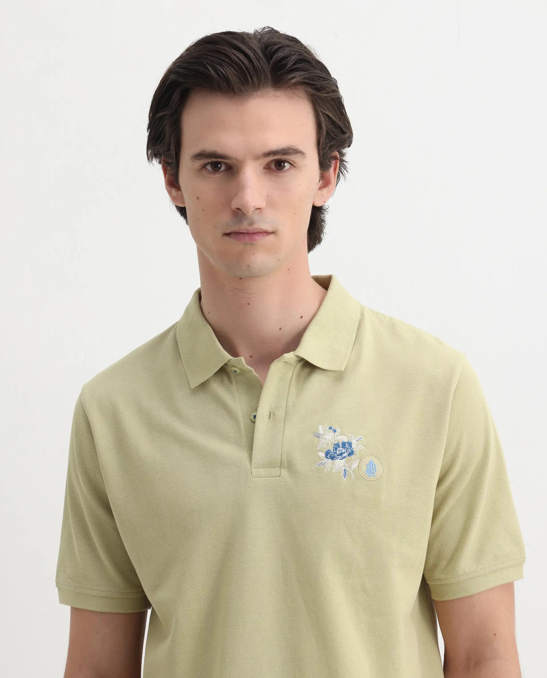 Rare Rabbit Men's Dariol Light Green Cotton Embroidered Regular Fit Half Sleeve Polo