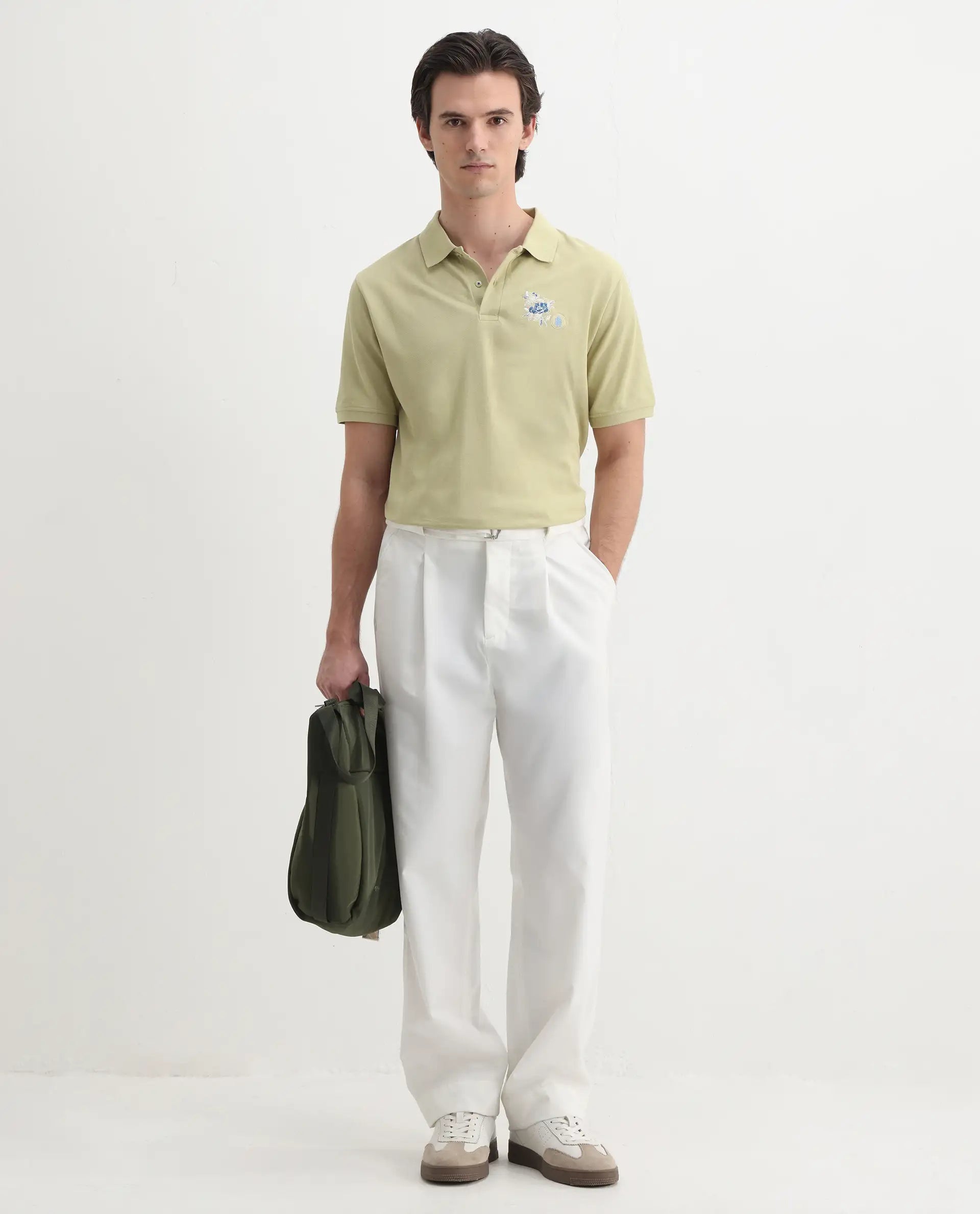 Rare Rabbit Men's Dariol Light Green Cotton Embroidered Regular Fit Half Sleeve Polo