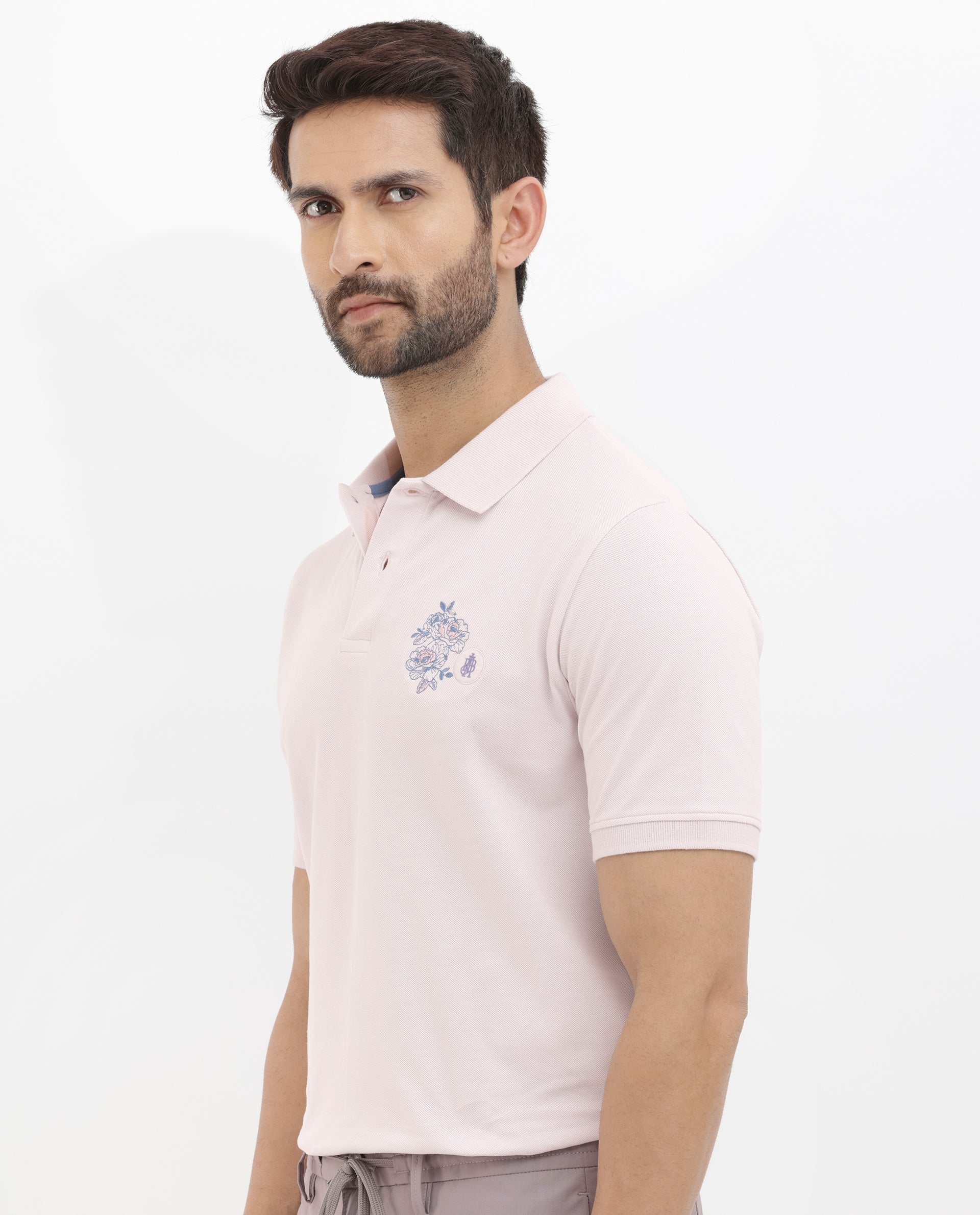 Rare Rabbit Mens Dariol Light Pink Cotton Fabric Short Sleeve Solid Knitted Polo T-Shirt