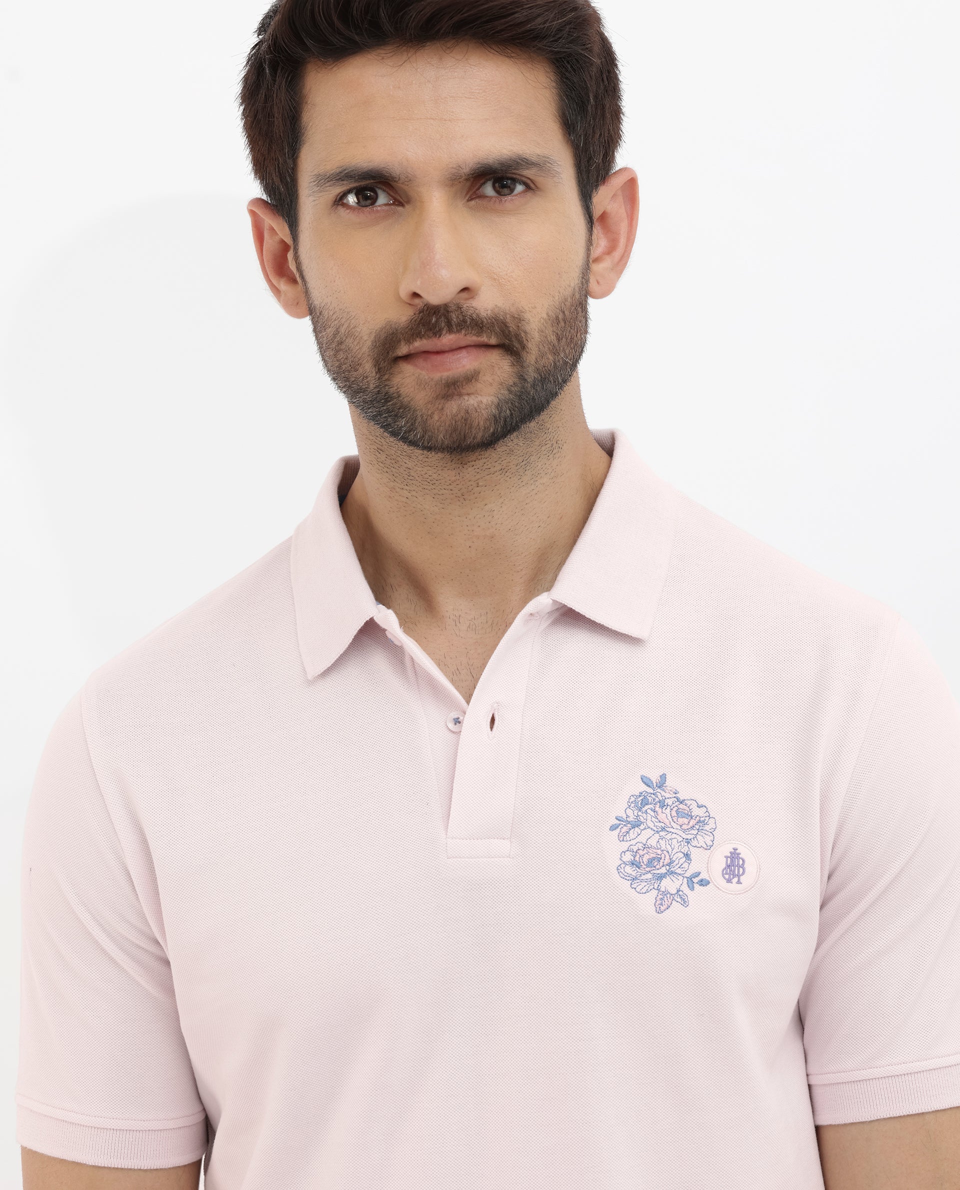 Rare Rabbit Mens Dariol Light Pink Cotton Fabric Short Sleeve Solid Knitted Polo T-Shirt
