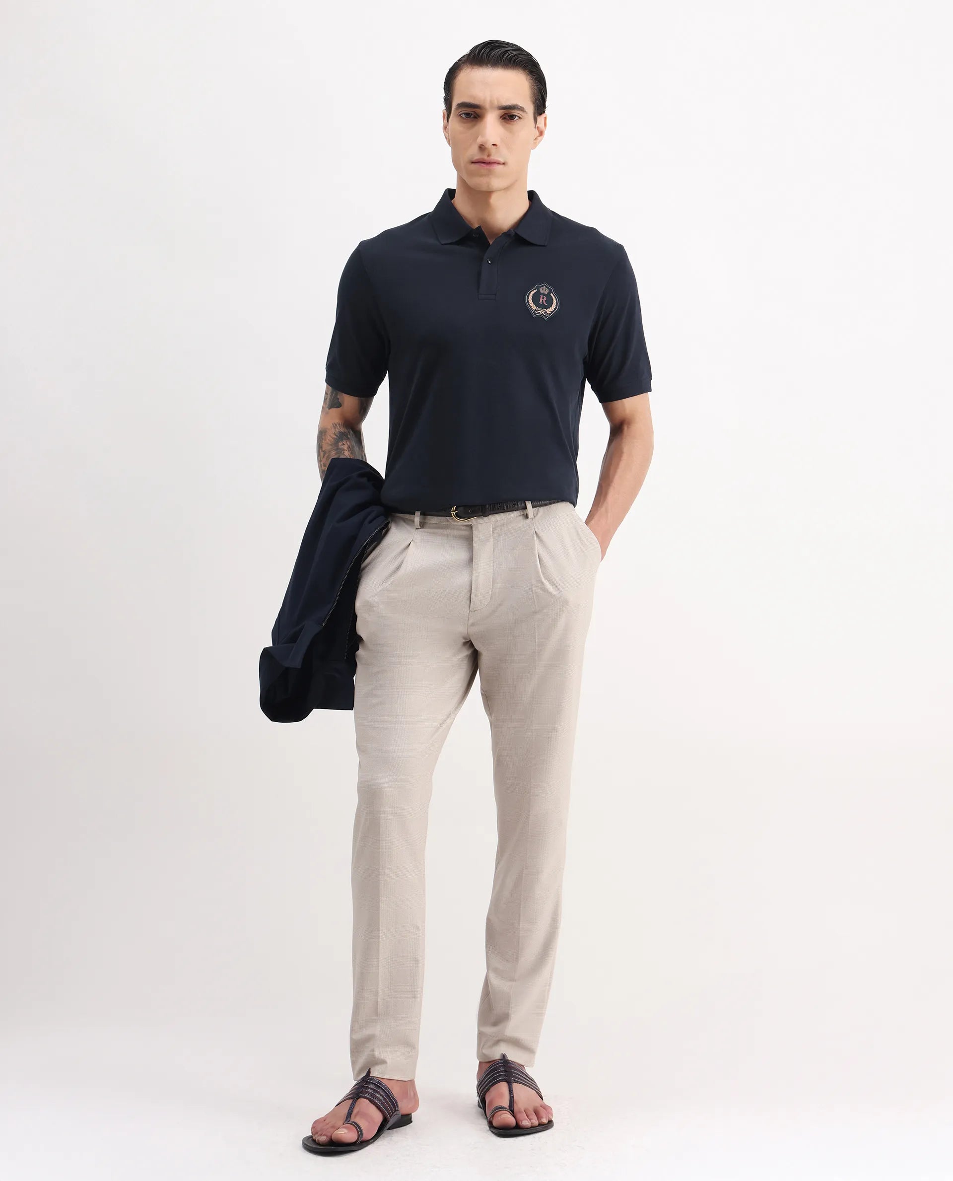 Rare Rabbit Men's Dariol Navy Cotton Plain Regular Fit Half Sleeve Polo