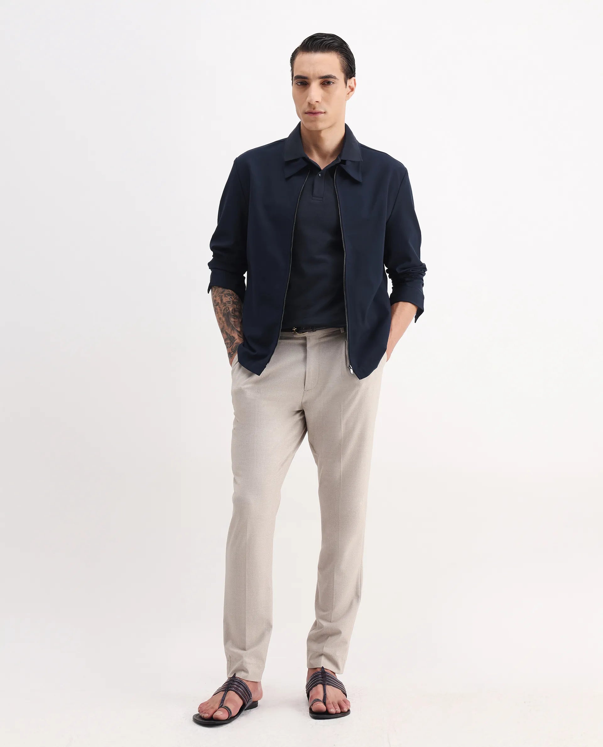 Rare Rabbit Men's Dariol Navy Cotton Plain Regular Fit Half Sleeve Polo