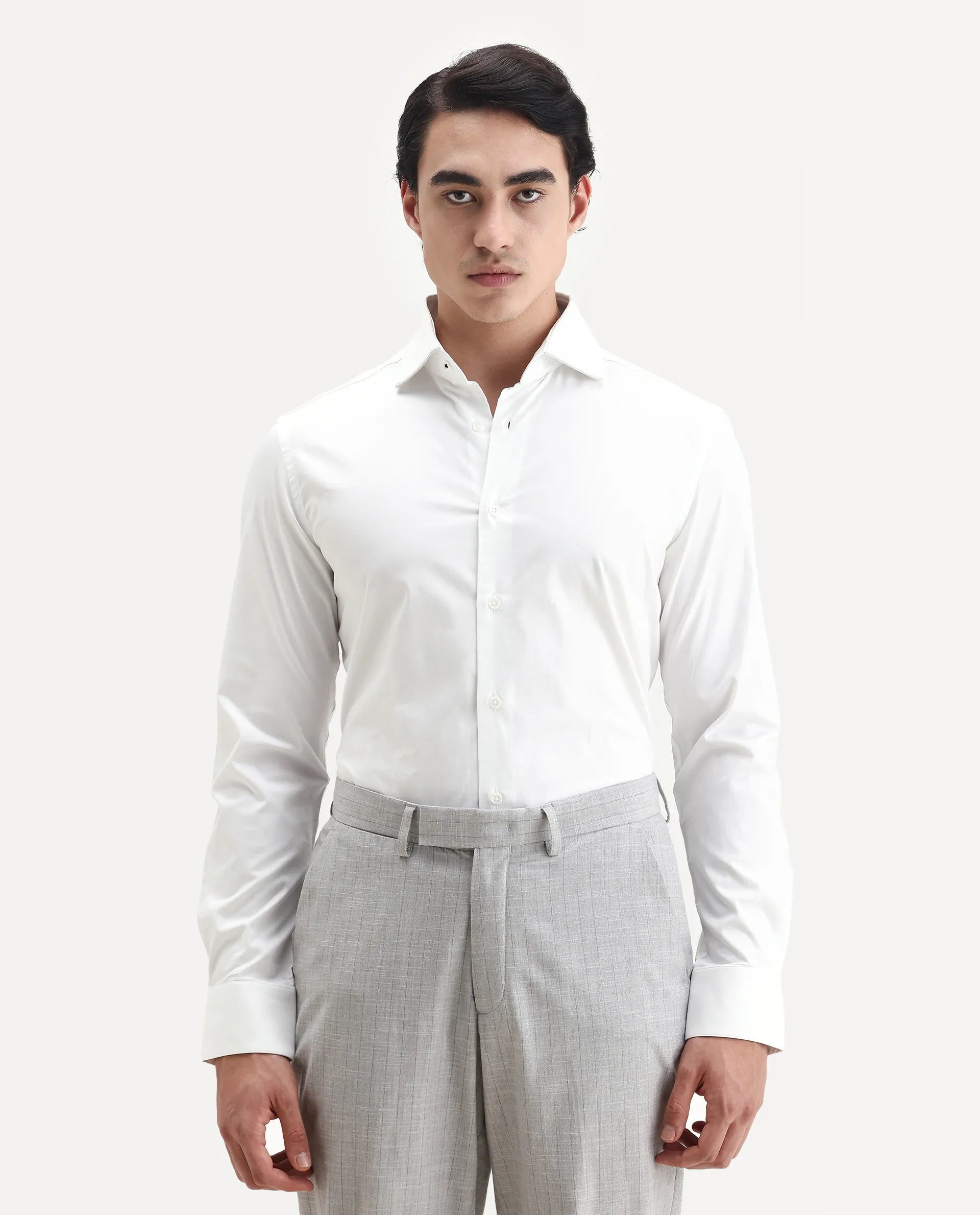 Rare Rabbit Men's Dario White Cotton Plain Regular Fit Full Sleeve Collared Shirt