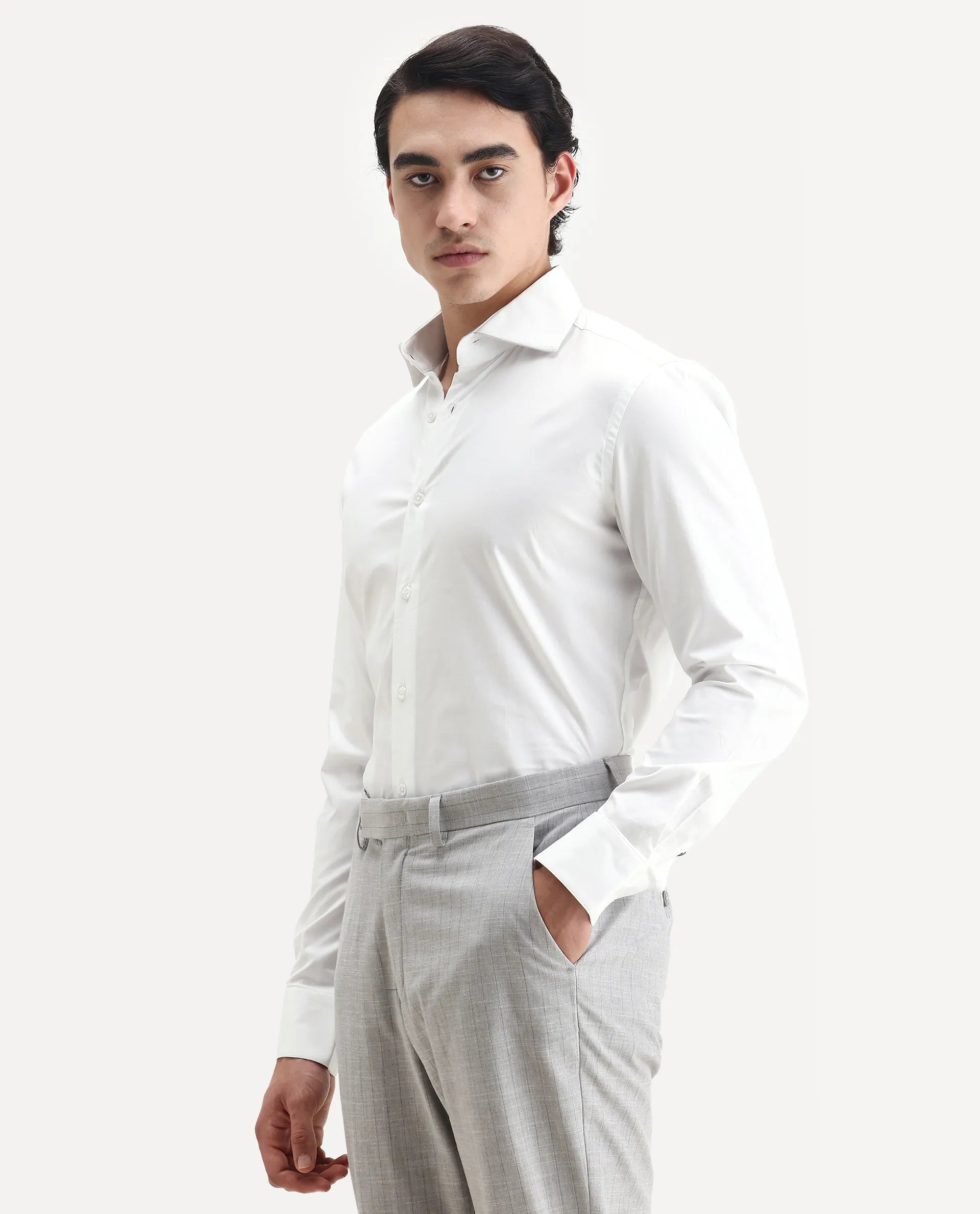 Rare Rabbit Men's Dario White Cotton Plain Regular Fit Full Sleeve Collared Shirt