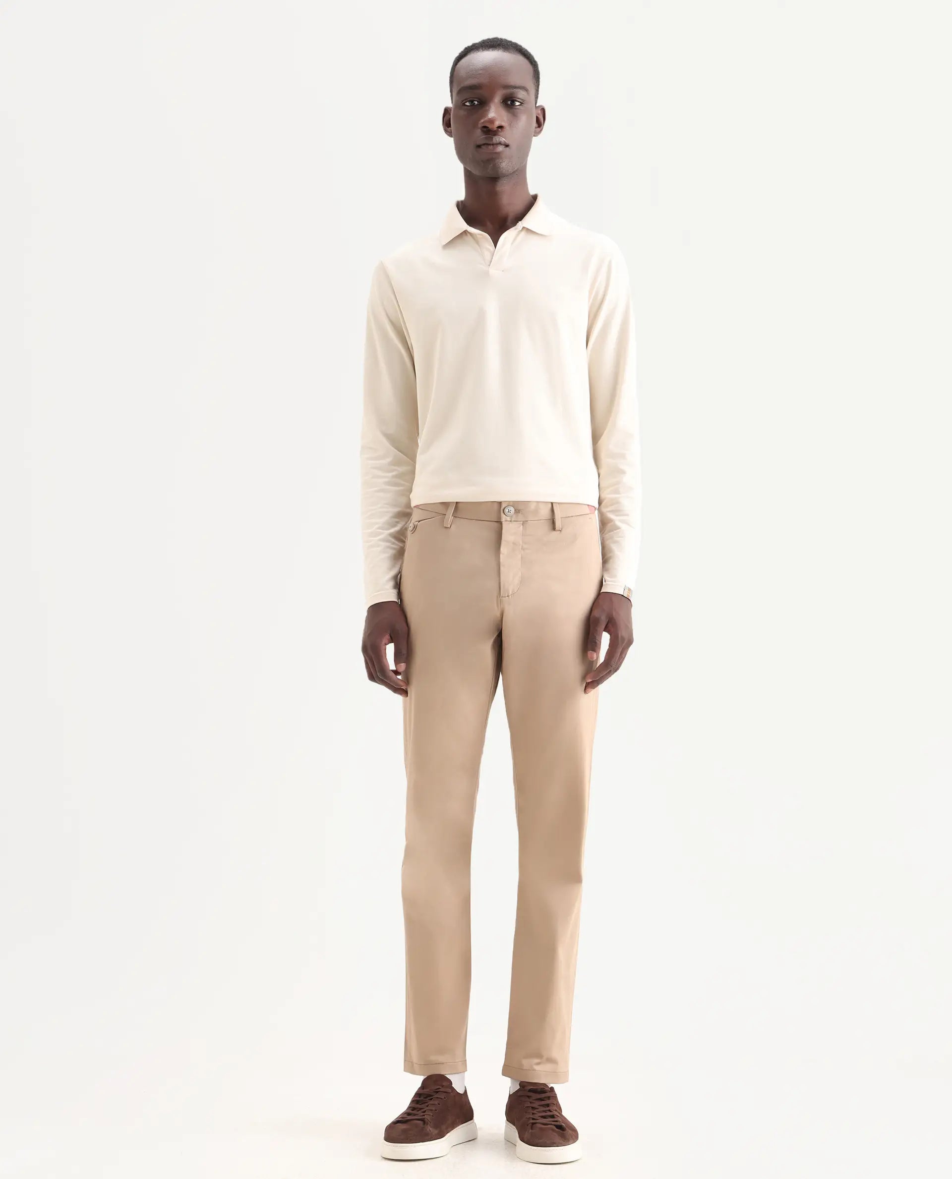 Rare Rabbit Men's Daron Beige Cotton Plain Regular Fit Trouser