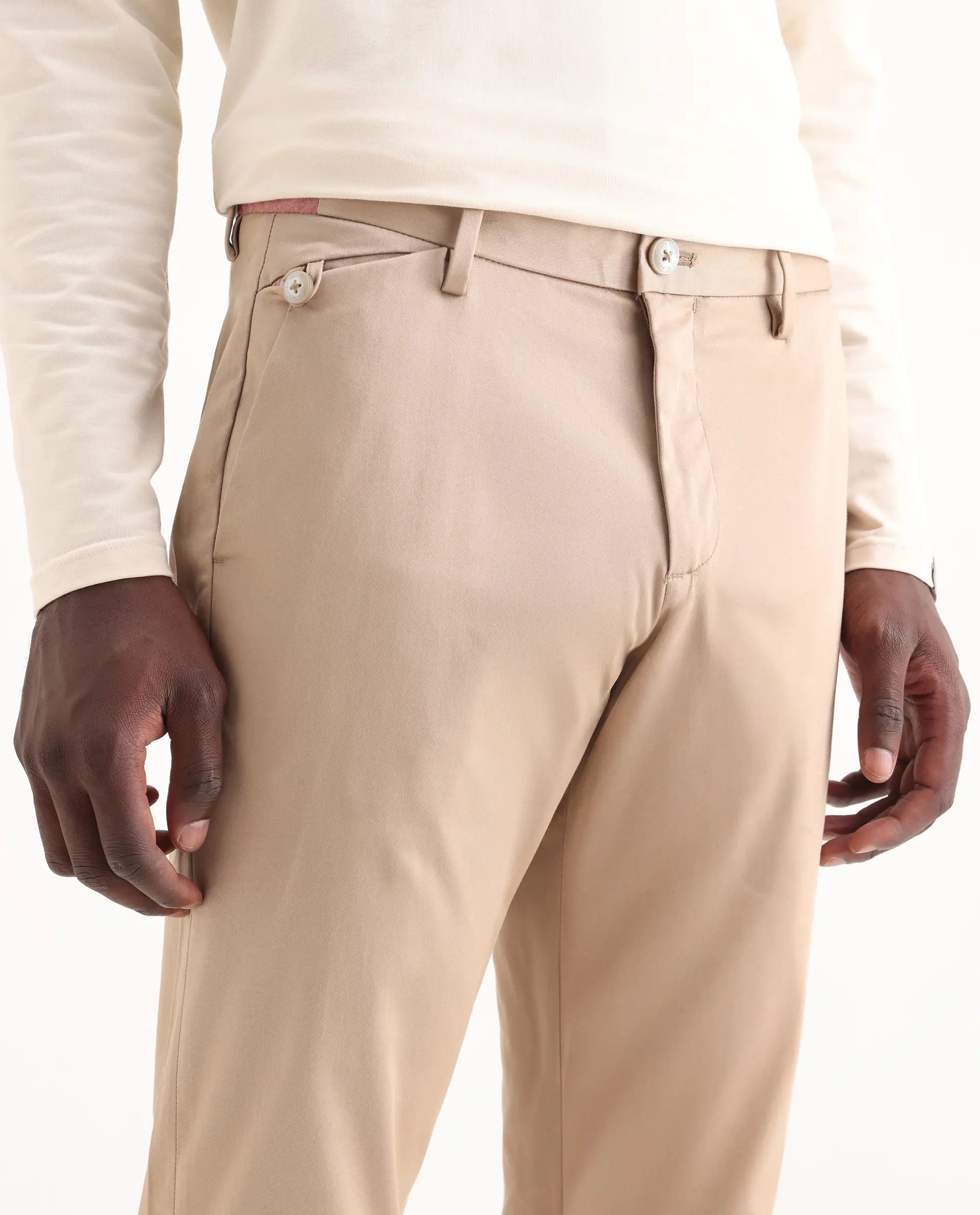 Rare Rabbit Men's Daron Beige Cotton Plain Regular Fit Trouser
