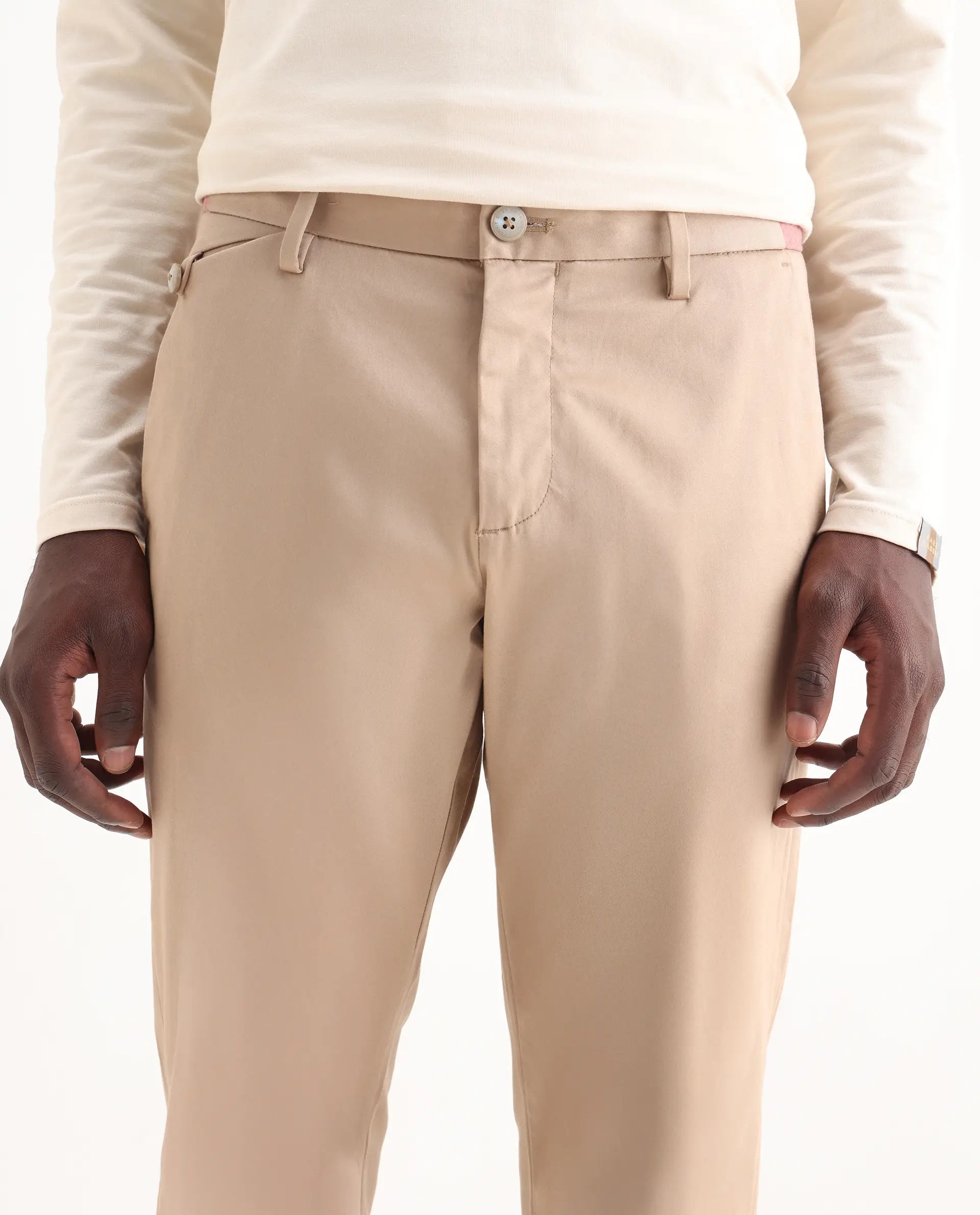 Rare Rabbit Men's Daron Beige Cotton Plain Regular Fit Trouser