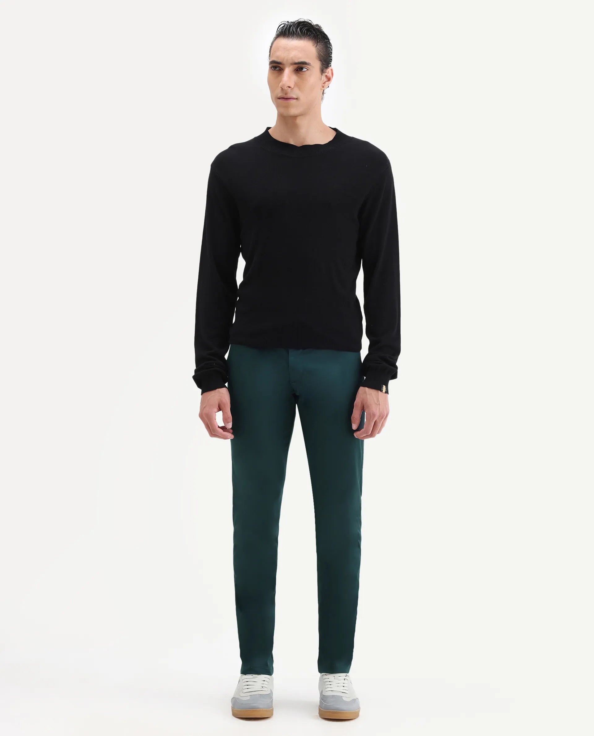 Rare Rabbit Men's Daron Petrol Cotton Plain Regular Fit Trouser