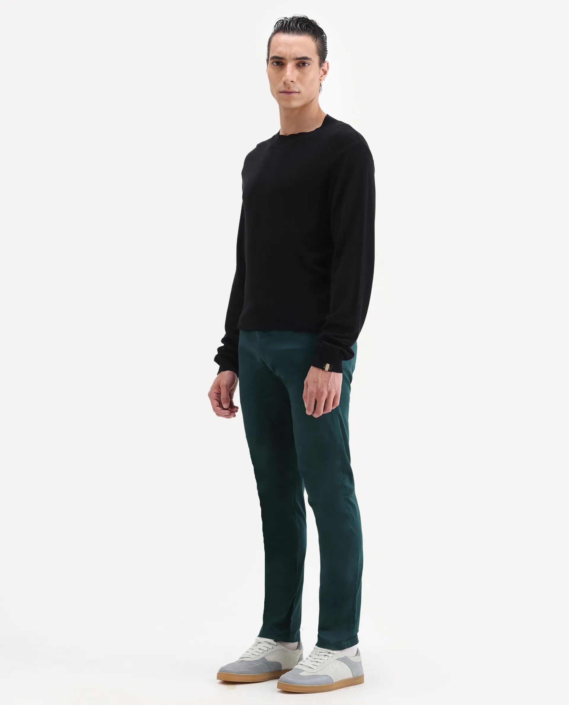 Rare Rabbit Men's Daron Petrol Cotton Plain Regular Fit Trouser