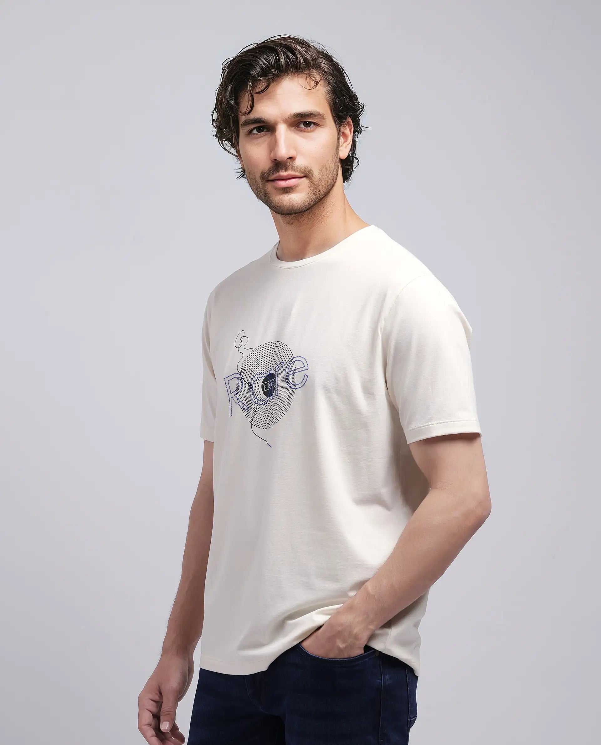 Rare Rabbit Men's Dart Beige Cotton Blend Graphic Print Regular Fit Half Sleeve Crew Neck T-Shirt