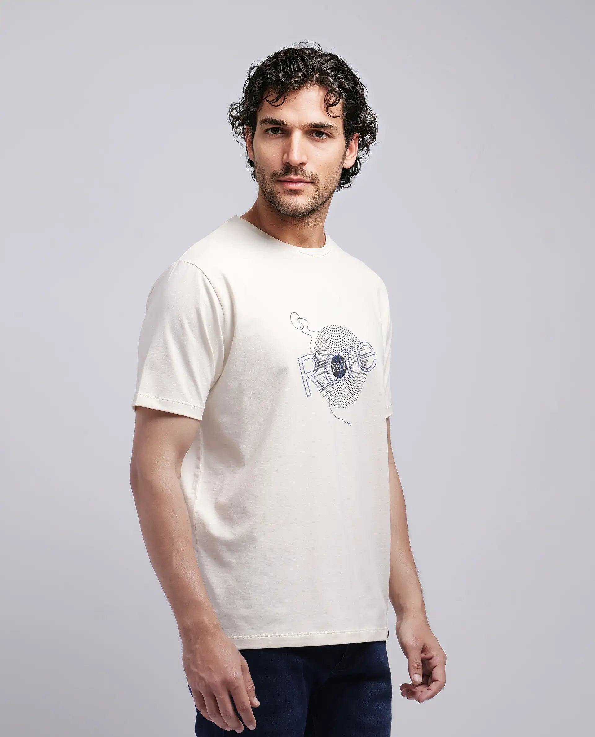 Rare Rabbit Men's Dart Beige Cotton Blend Graphic Print Regular Fit Half Sleeve Crew Neck T-Shirt