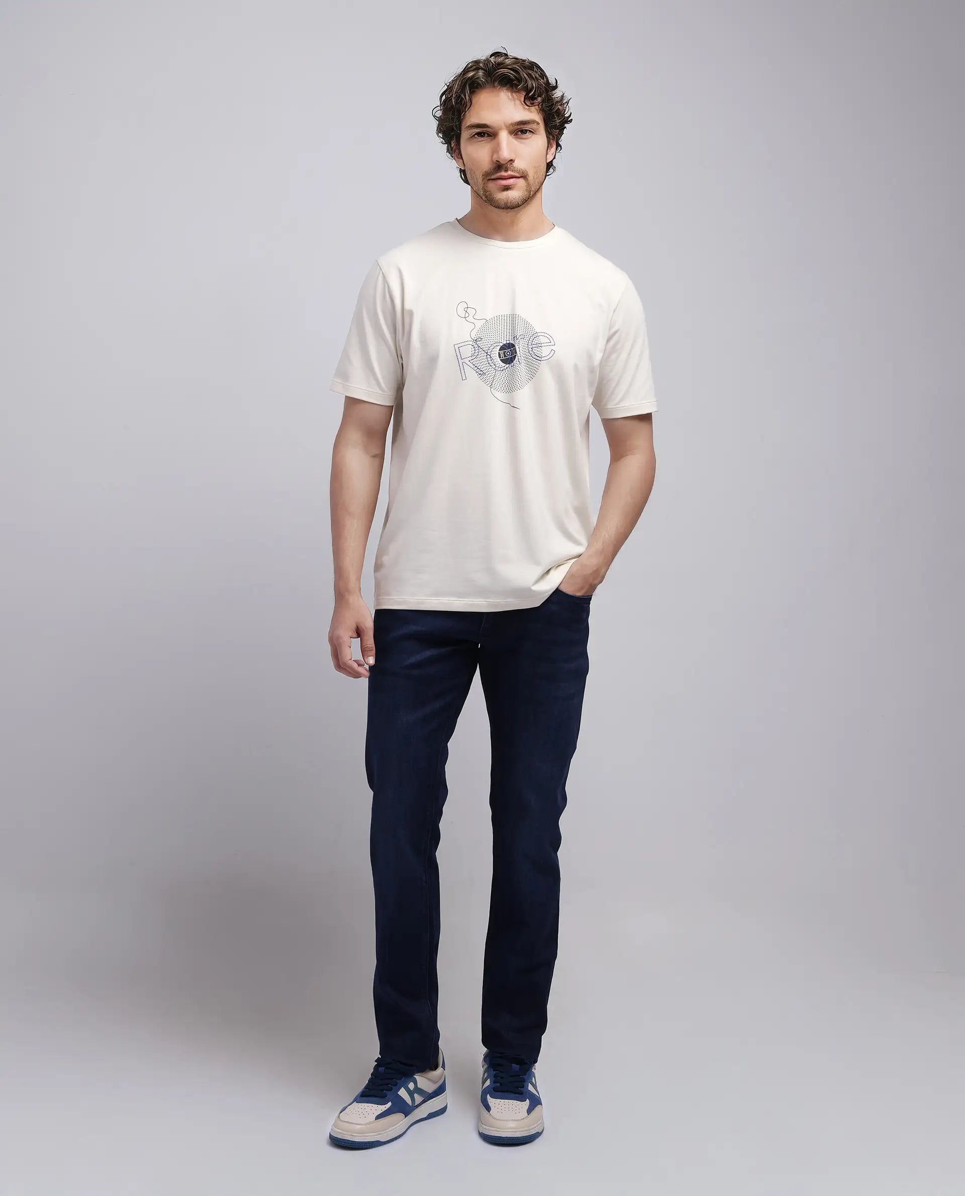 Rare Rabbit Men's Dart Beige Cotton Blend Graphic Print Regular Fit Half Sleeve Crew Neck T-Shirt