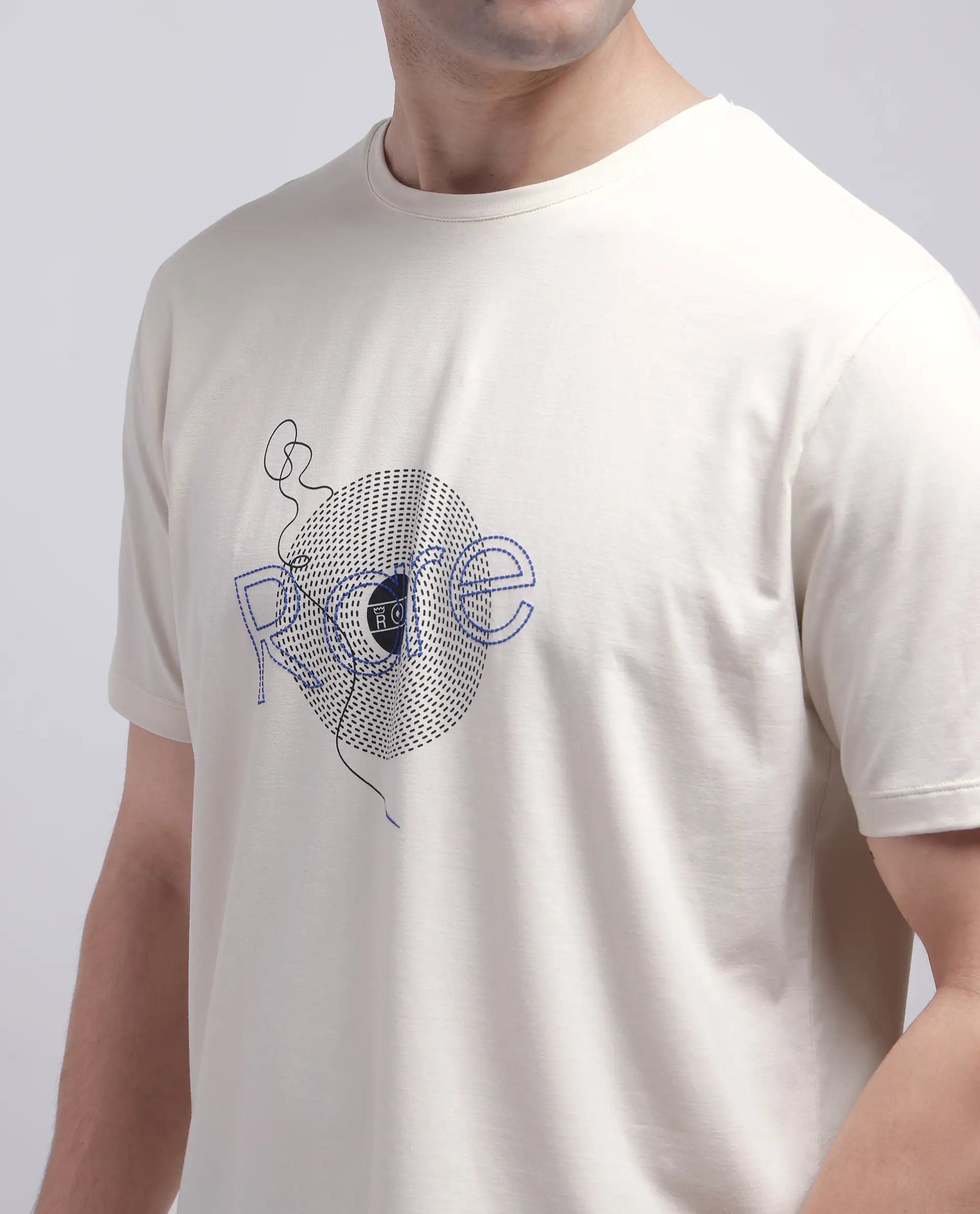 Rare Rabbit Men's Dart Beige Cotton Blend Graphic Print Regular Fit Half Sleeve Crew Neck T-Shirt