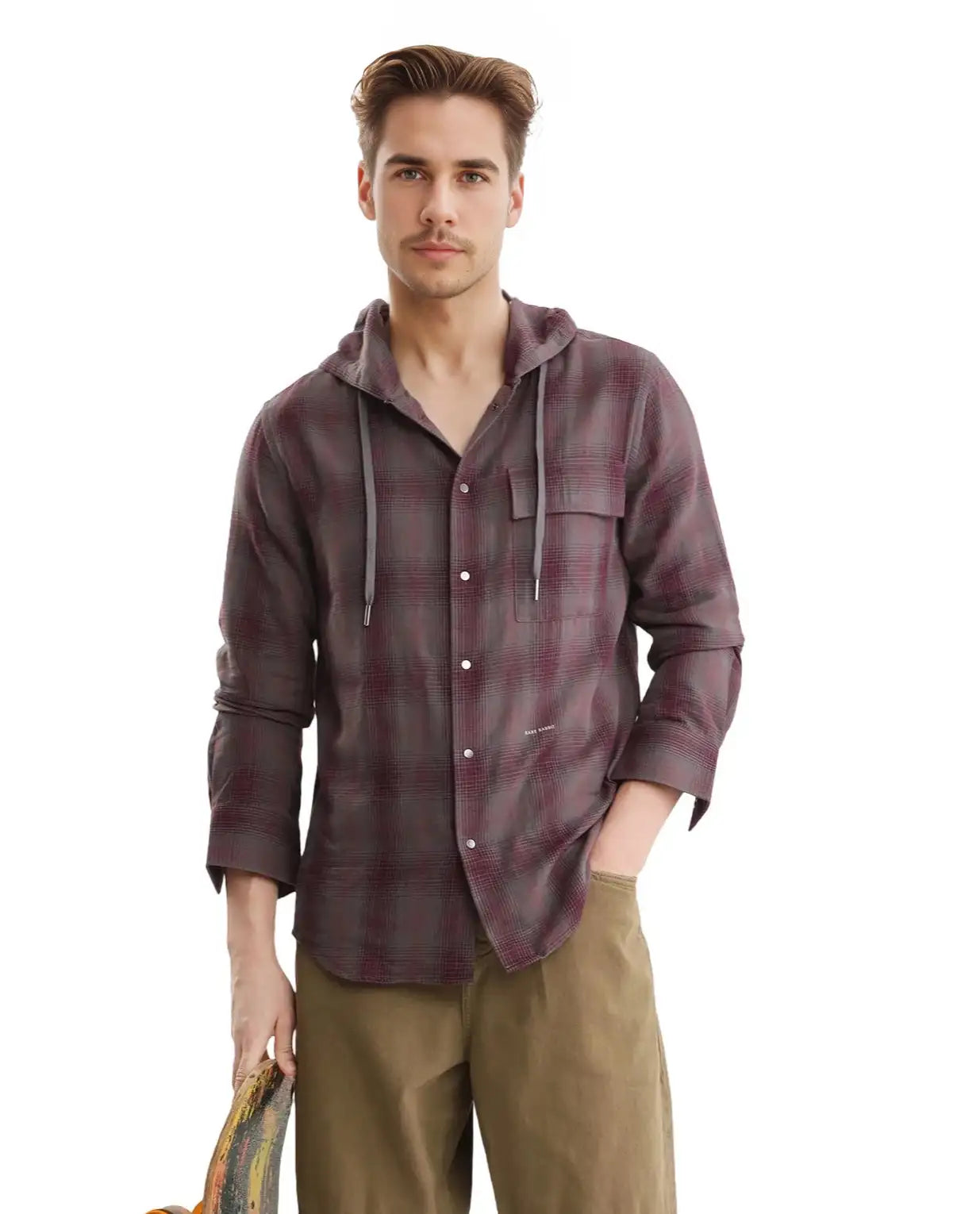 Rare Rabbit Men's Dartmouth Dusky Maroon Cotton Checked Print Oversized Fit Full Sleeve Hooded Shirt