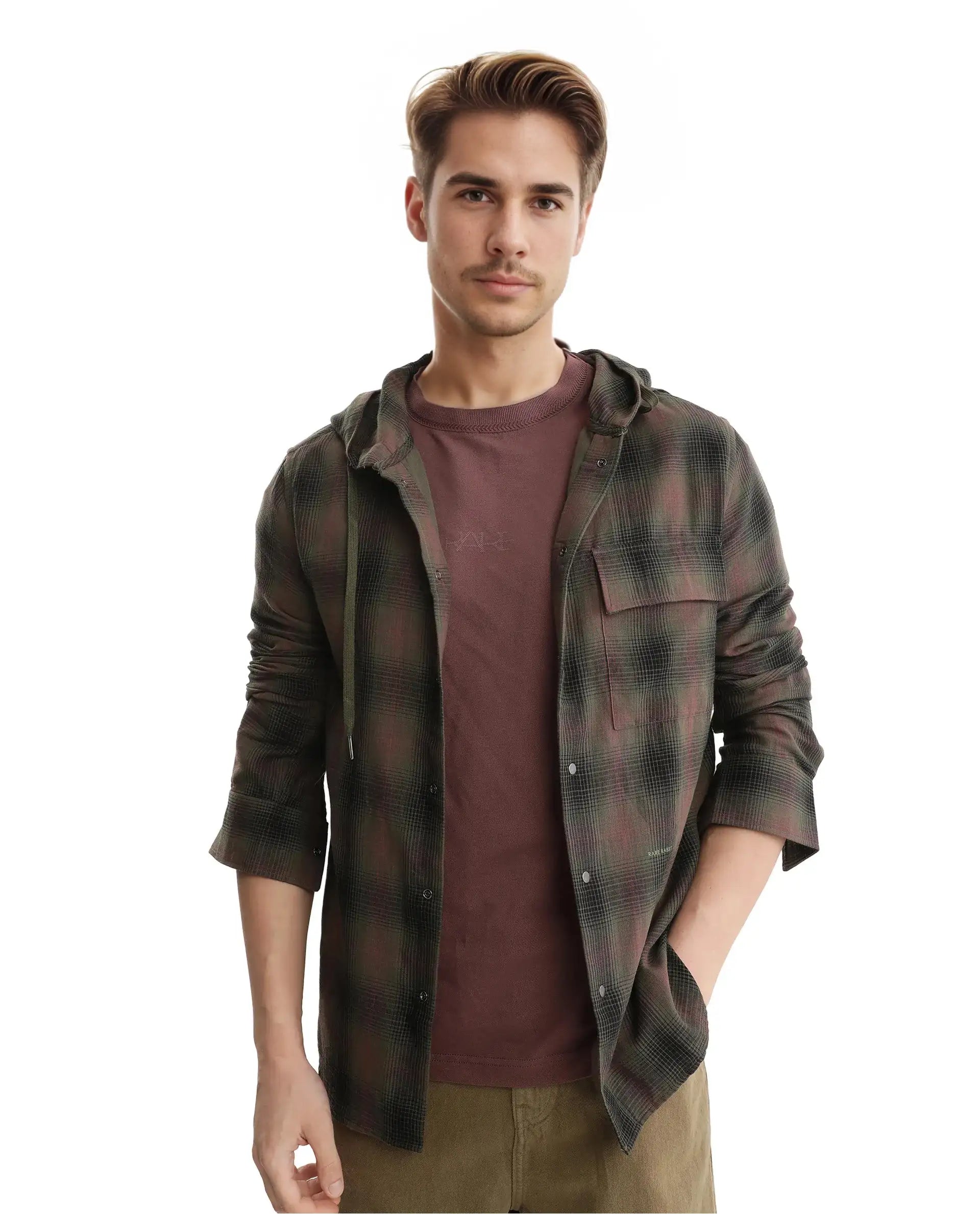 Rare Rabbit Men's Dartmouth Dusky Olive Cotton Checked Print Oversized Fit Full Sleeve Hooded Shirt