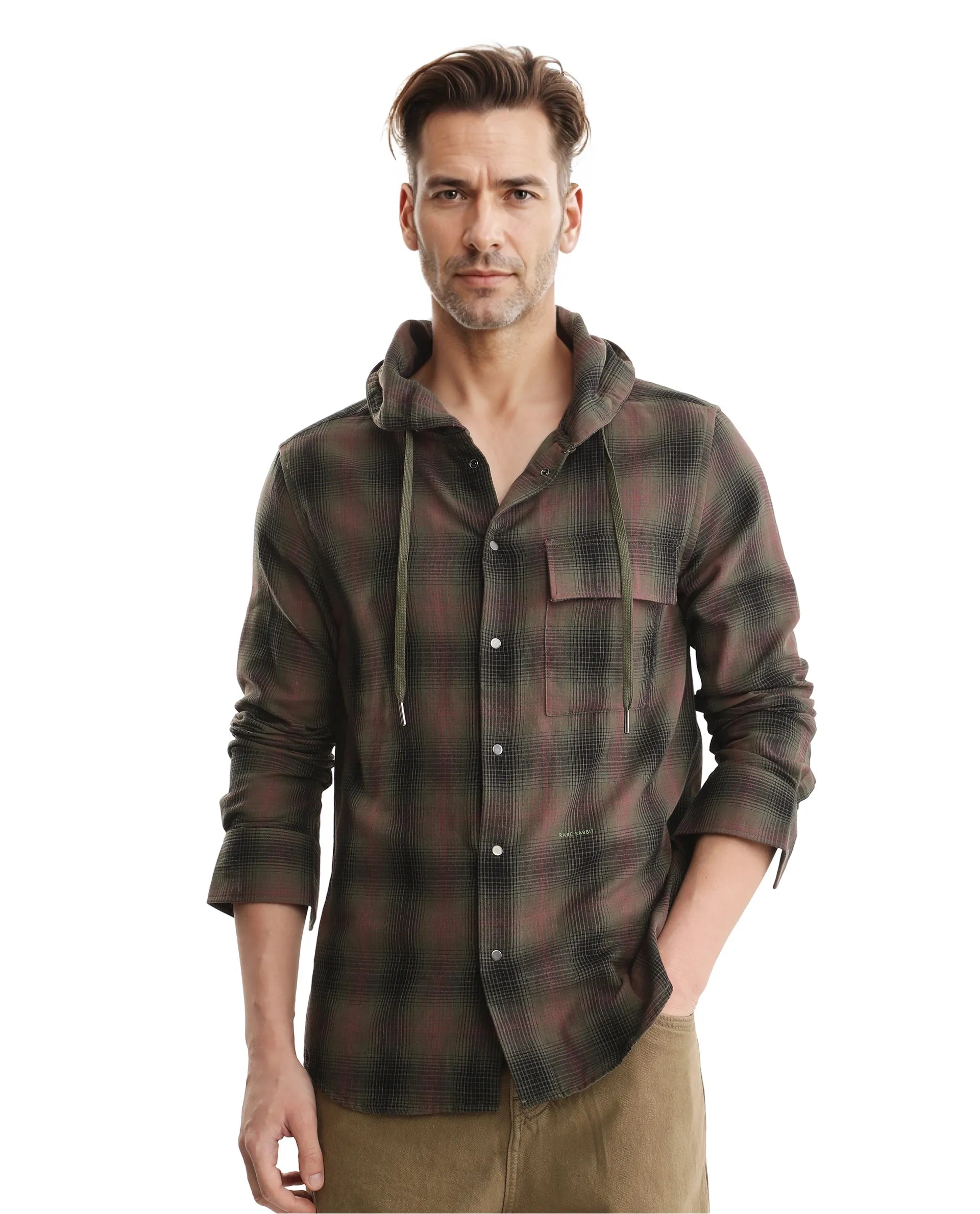 Rare Rabbit Men's Dartmouth Dusky Olive Cotton Fabric Full Sleeve Collared Neck Oversized Fit Checks Shirt