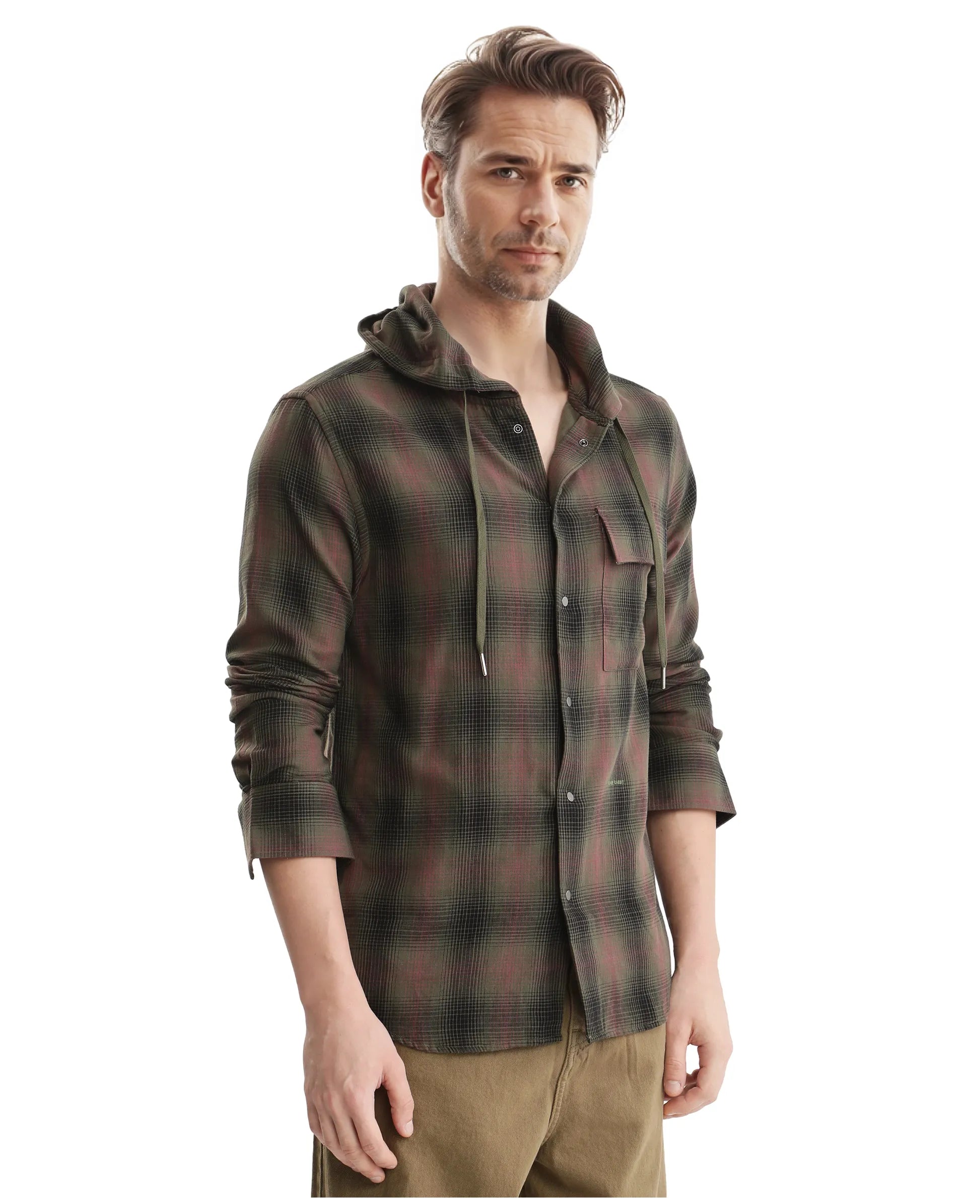 Rare Rabbit Men's Dartmouth Dusky Olive Cotton Fabric Full Sleeve Collared Neck Oversized Fit Checks Shirt