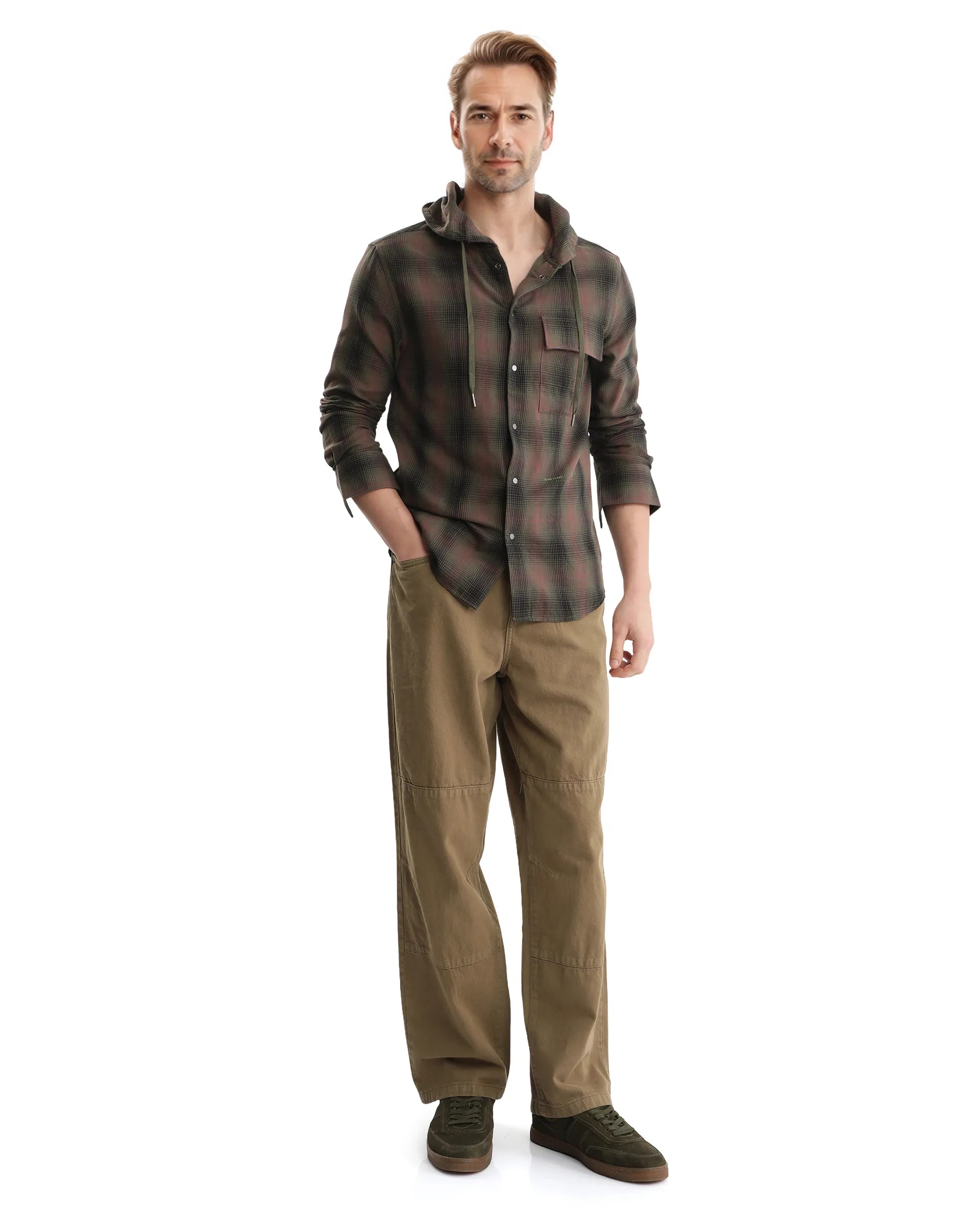 Rare Rabbit Men's Dartmouth Dusky Olive Cotton Fabric Full Sleeve Collared Neck Oversized Fit Checks Shirt