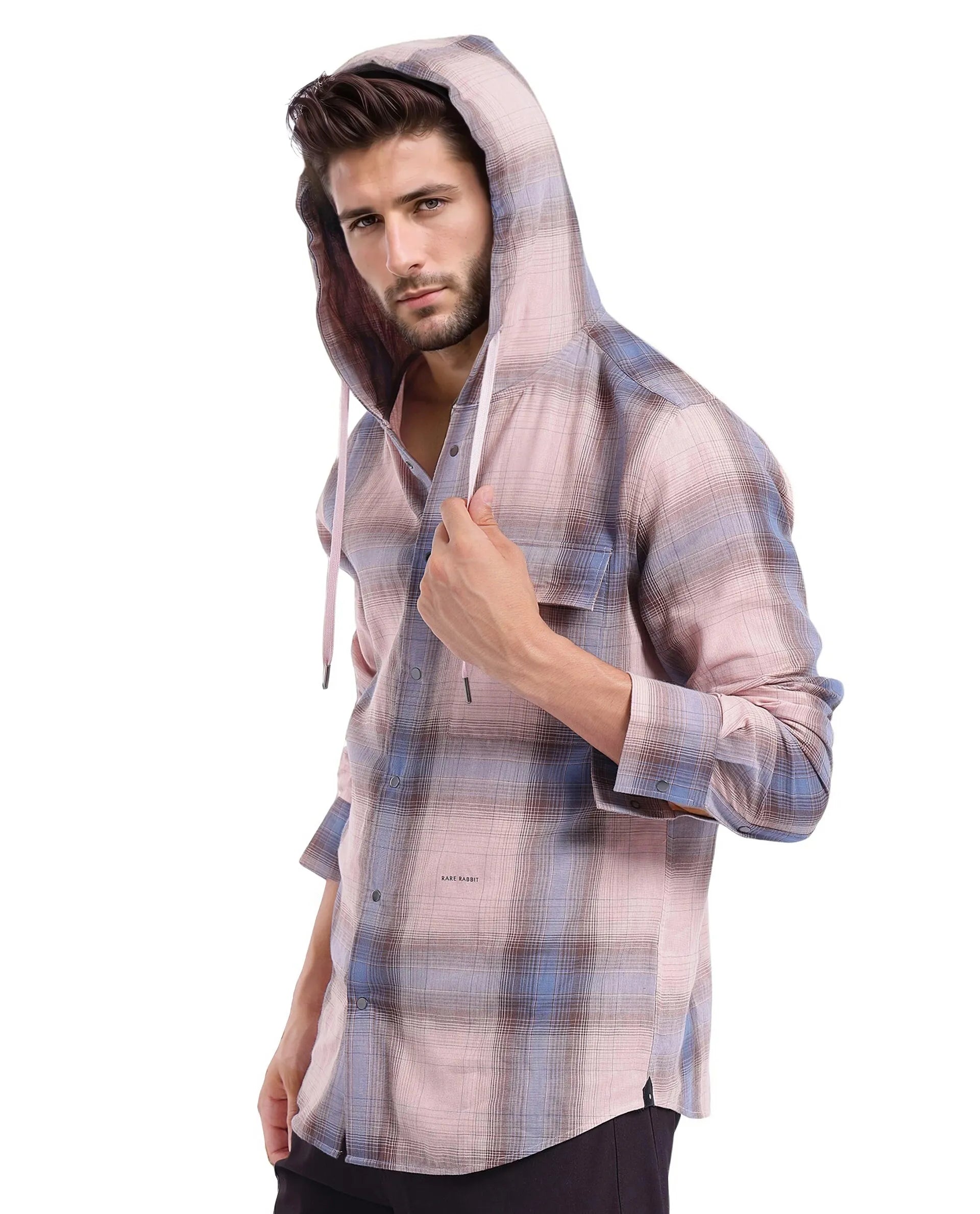Rare Rabbit Men's Dartmouth Dusky Pink Cotton Fabric Full Sleeve Collared Neck Oversized Fit Checks Shirt