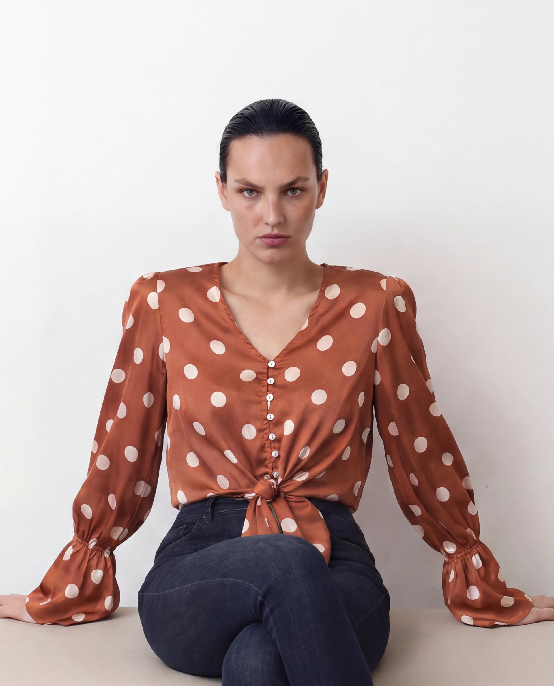 Rareism Women's Darty Brown Polyester V-Neck Polka Print Balloon Sleeve Crop Regular Fit Top